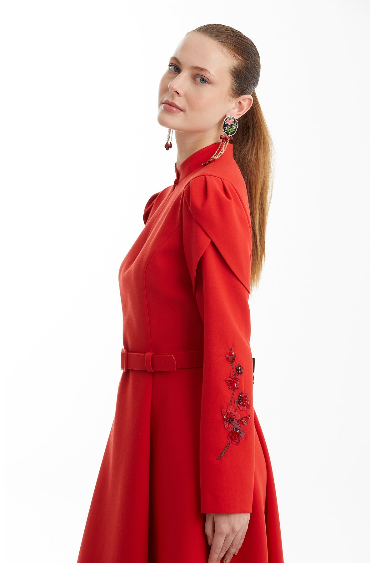 Red Dress with Embroidered Sleeve Detail