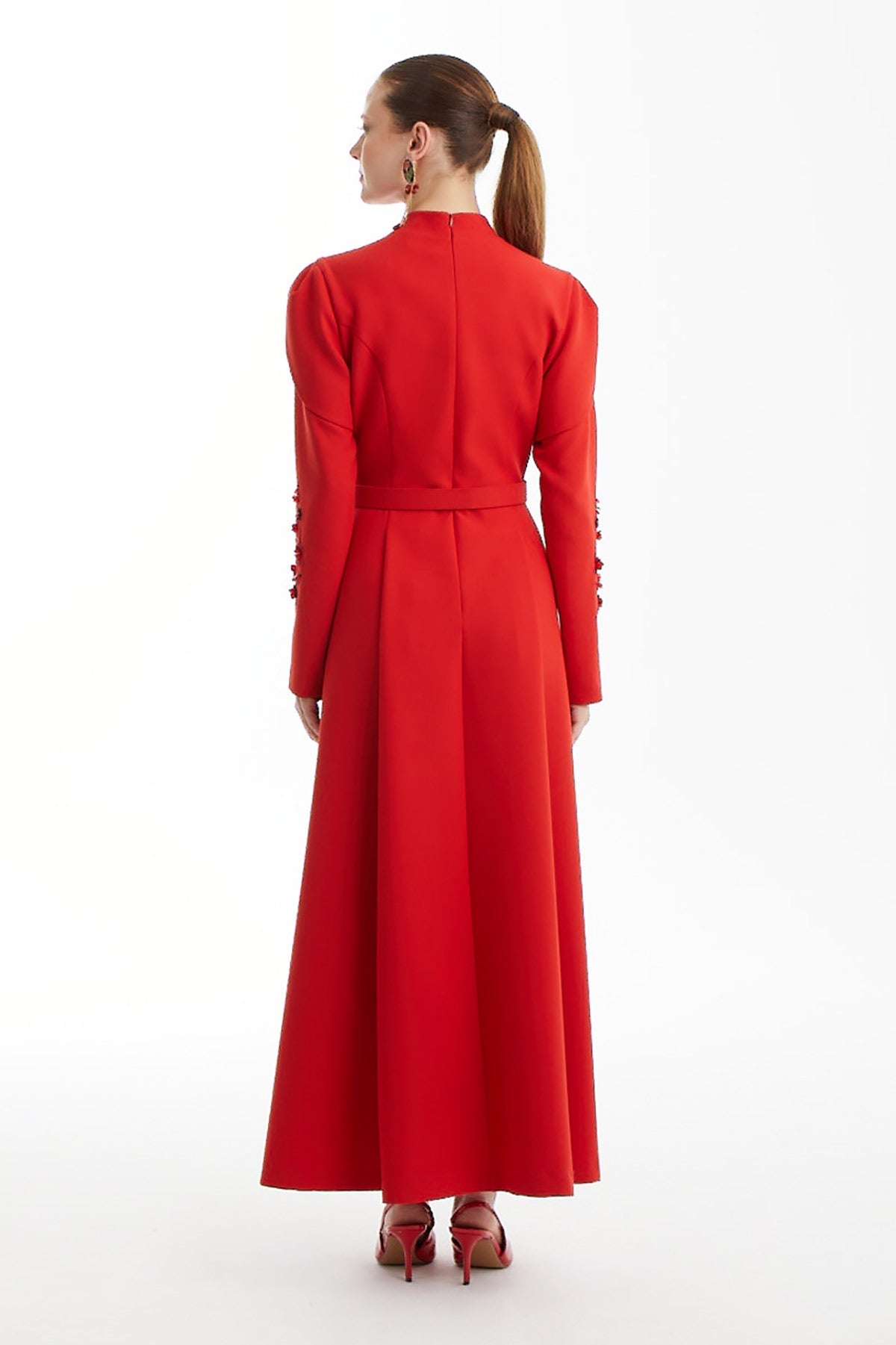 Red Dress with Embroidered Sleeve Detail