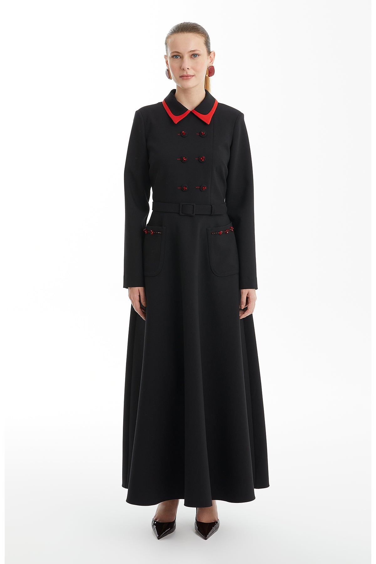 Black Embroidered Dress with Contrast Collar Detail