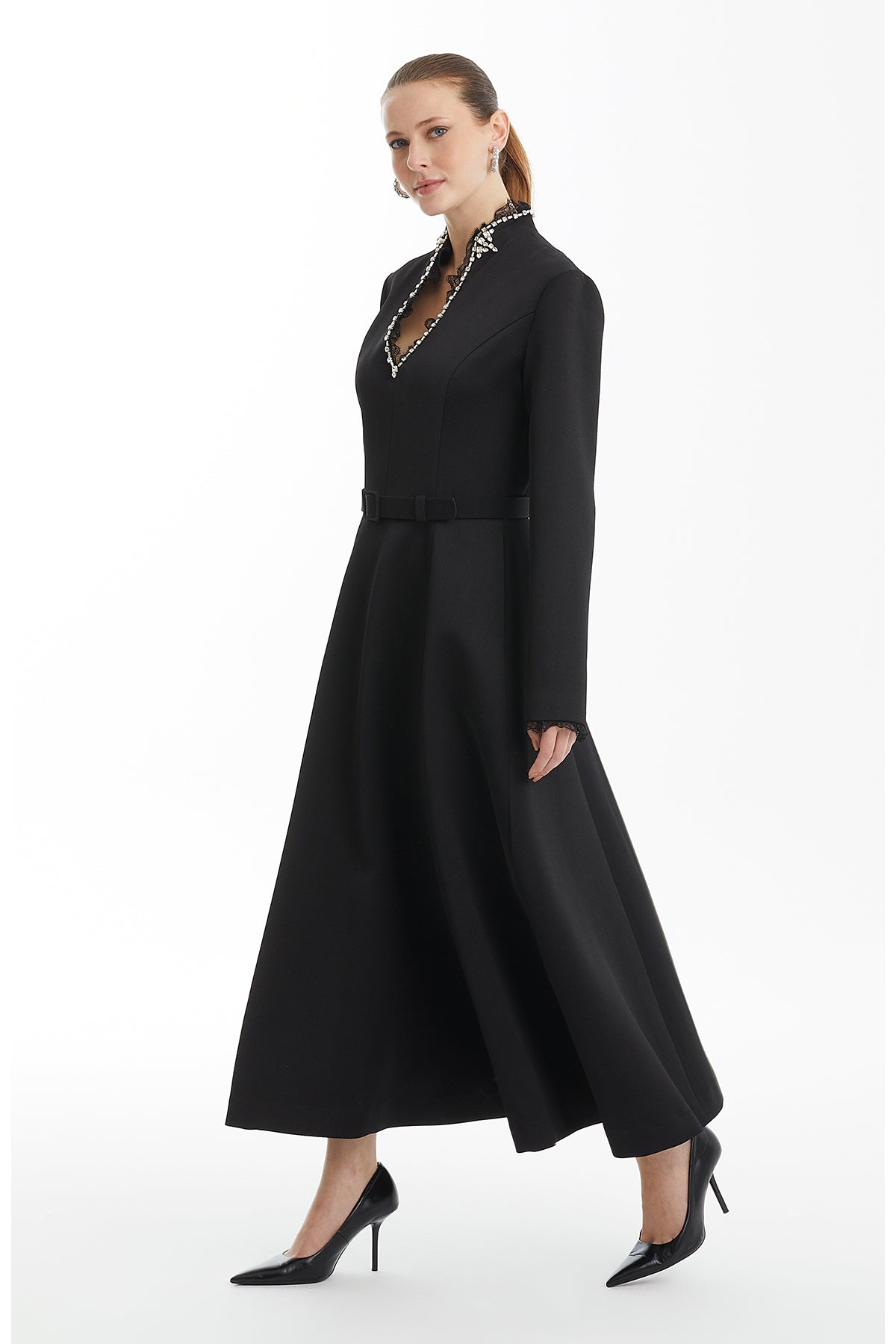 Black Crystal Embroidered Dress with Lace Detail