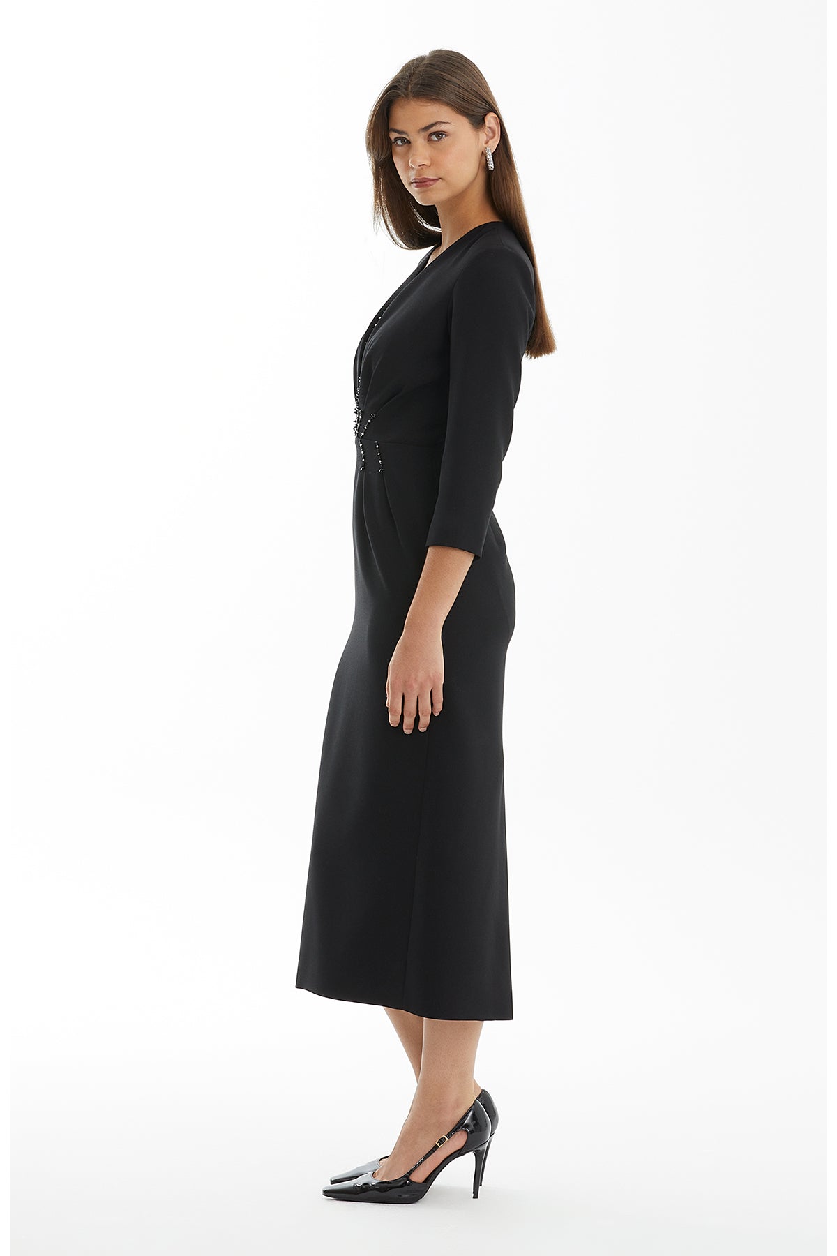 Black Pleated Dress with Embroidery Detail