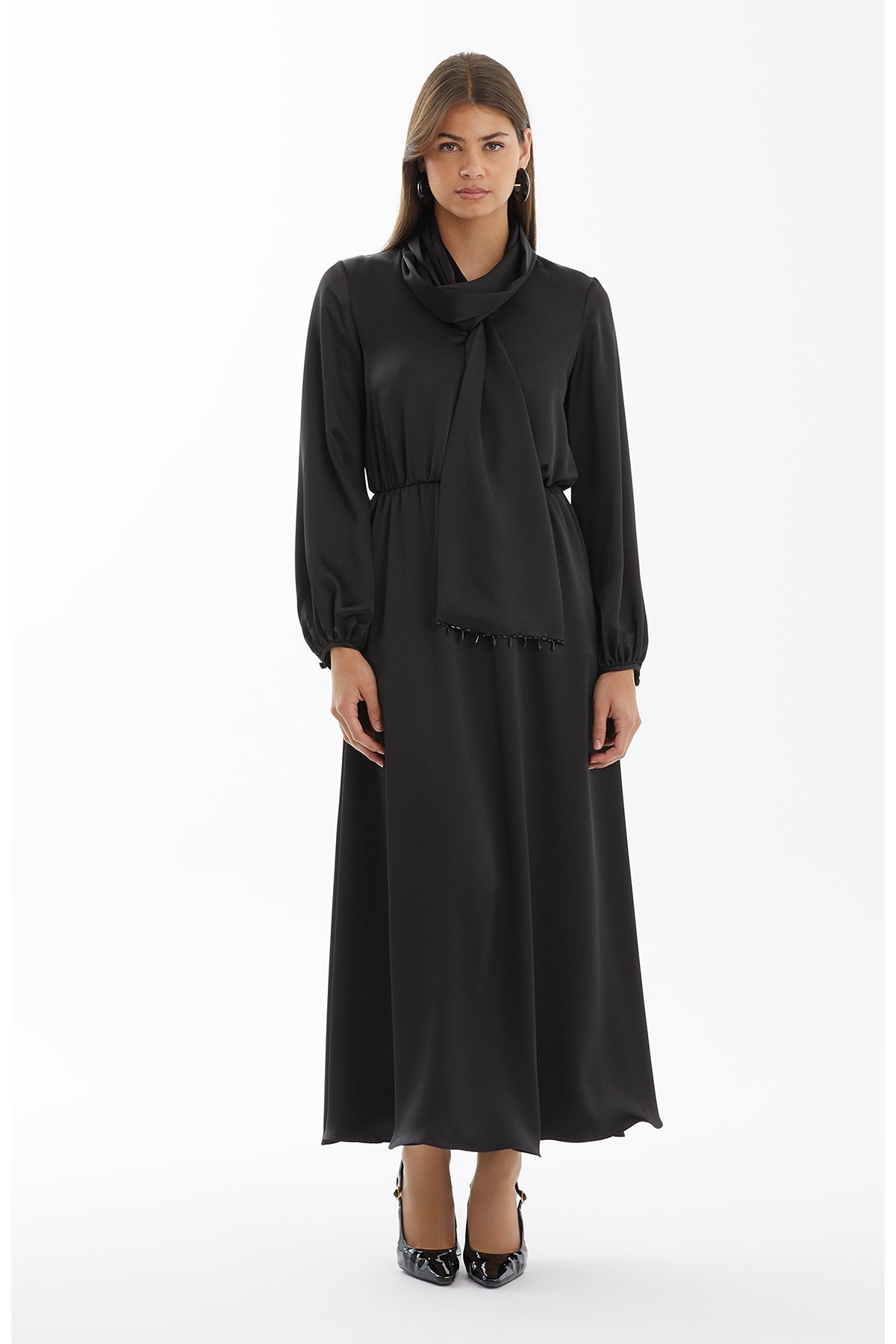 Black Satin Dress with Shawl Collar