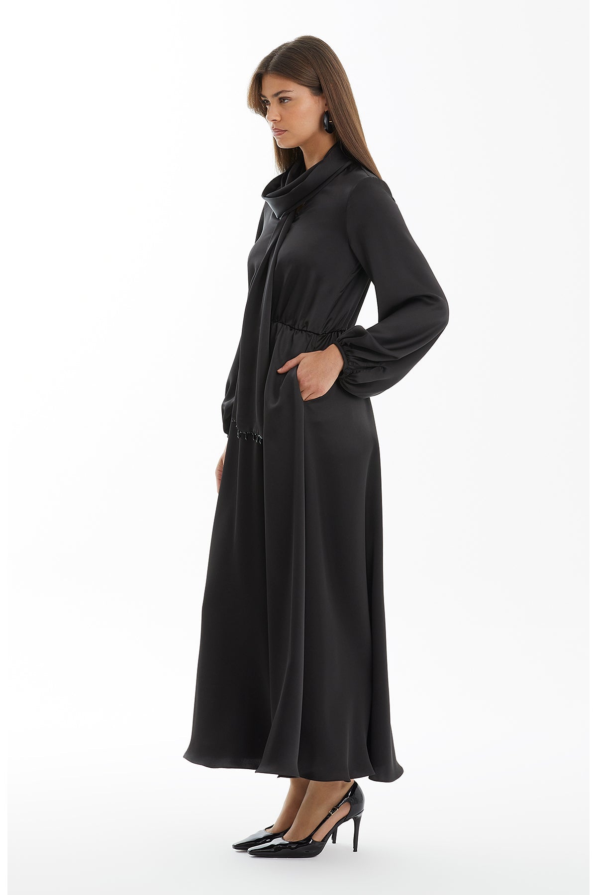 Black Satin Dress with Shawl Collar