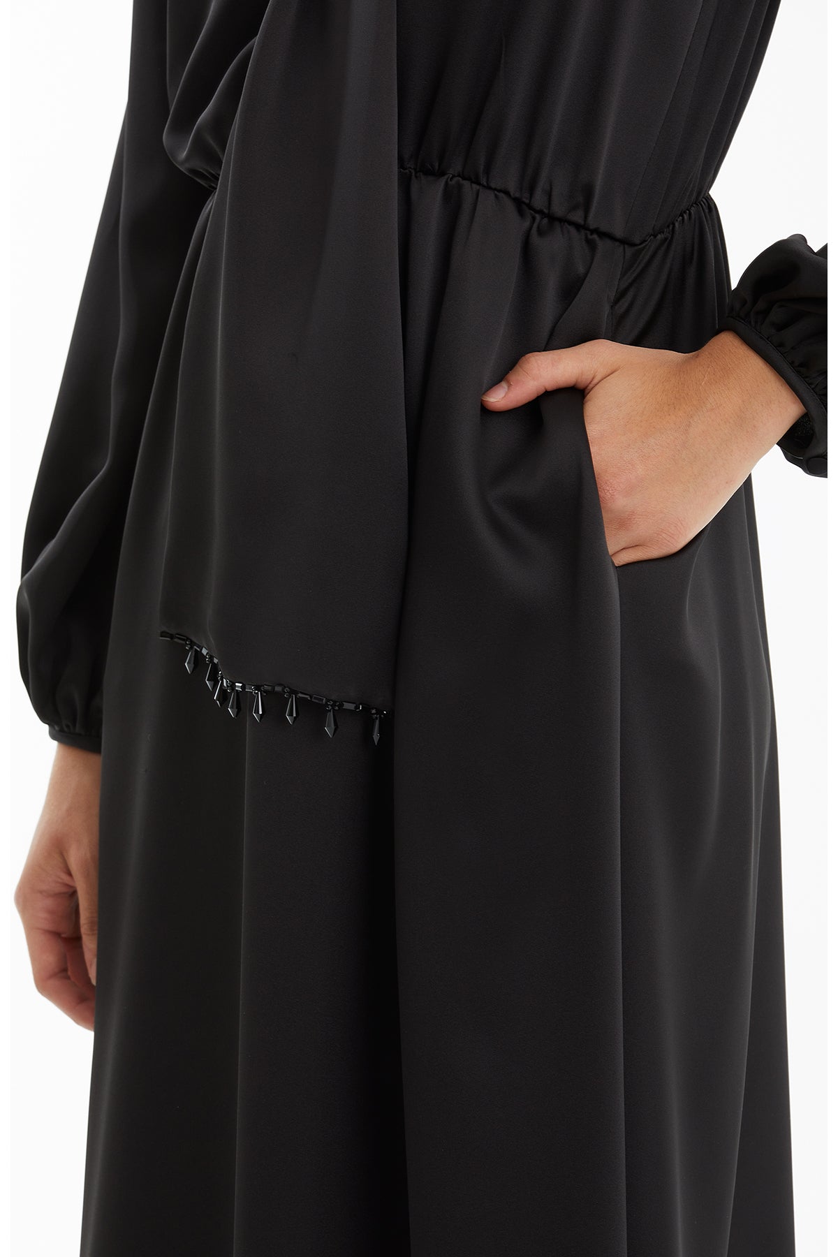 Black Satin Dress with Shawl Collar