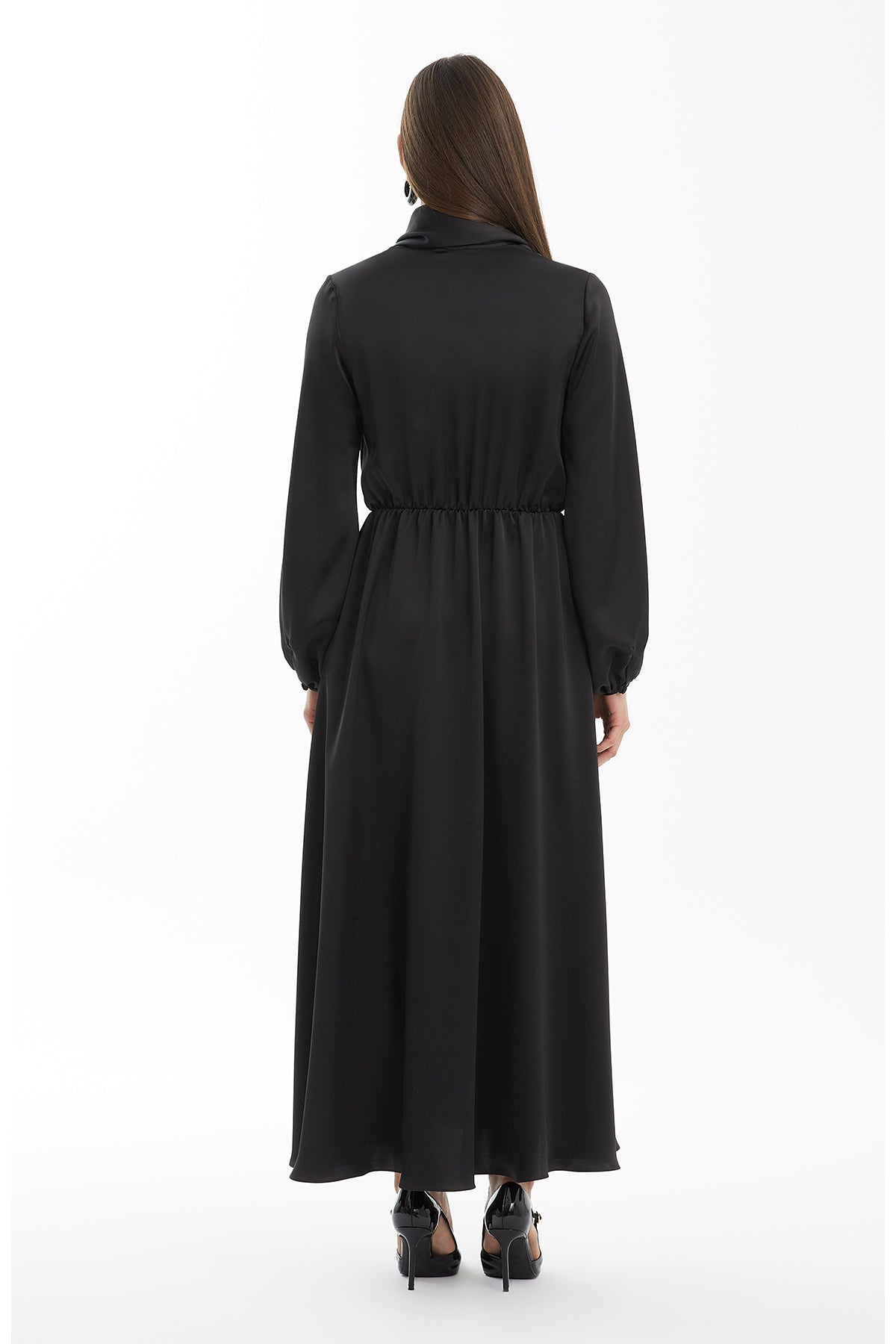 Black Satin Dress with Shawl Collar