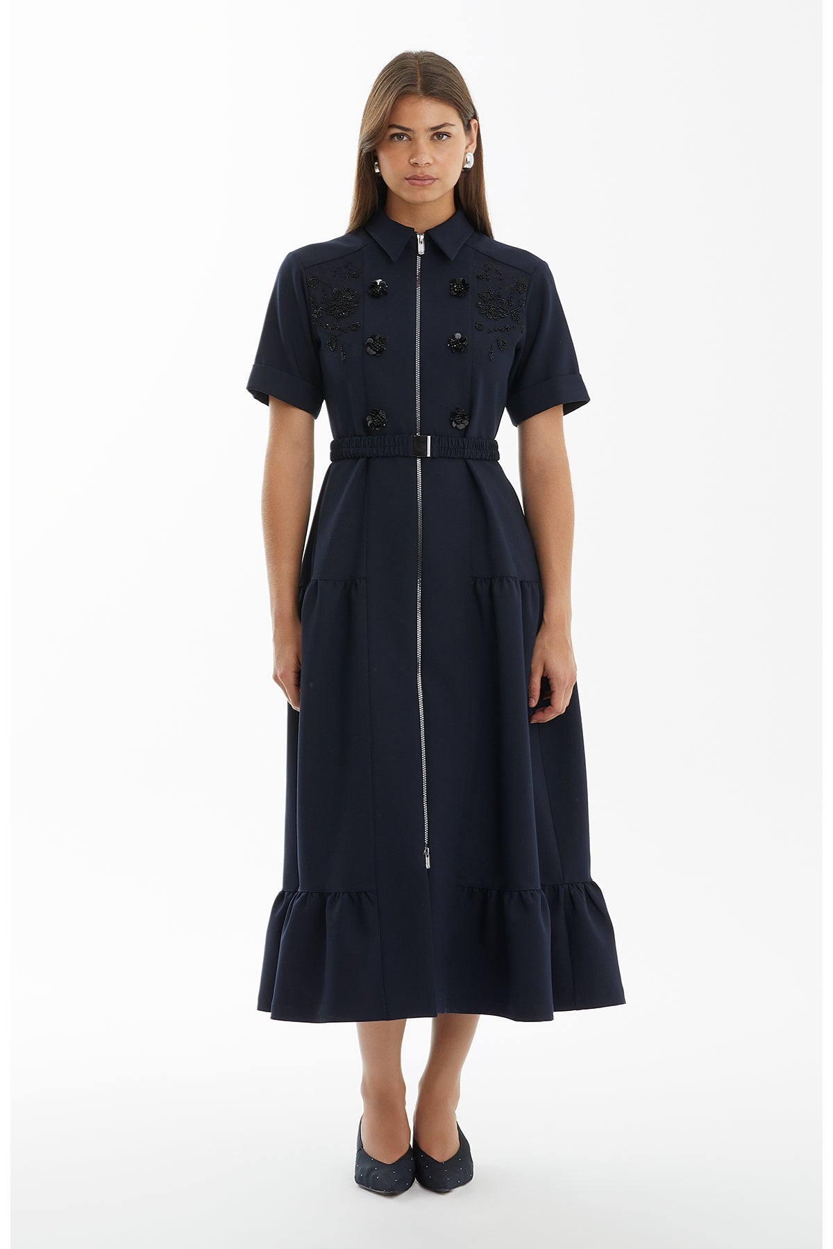 Dark Navy Dress with Embroidery and Needlework Detail