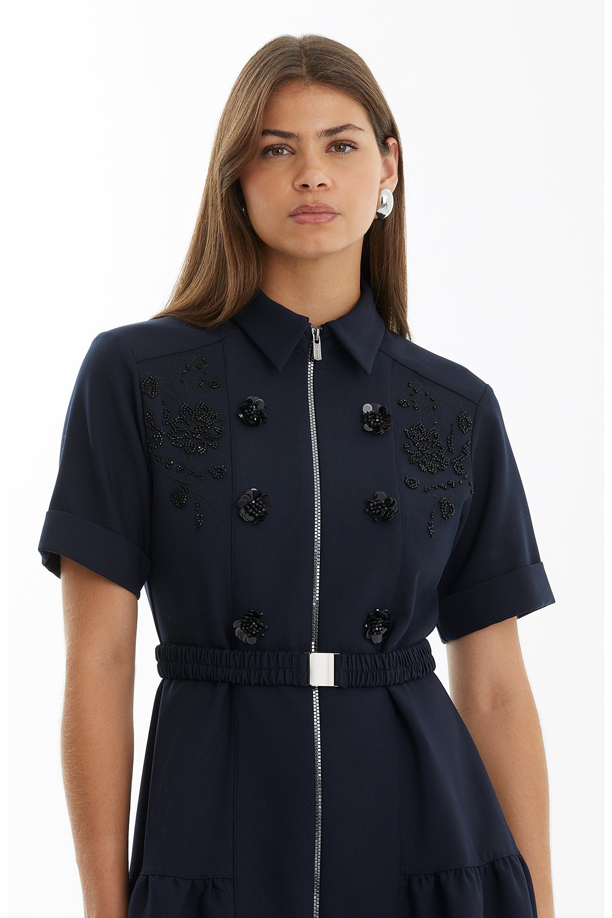 Dark Navy Dress with Embroidery and Needlework Detail
