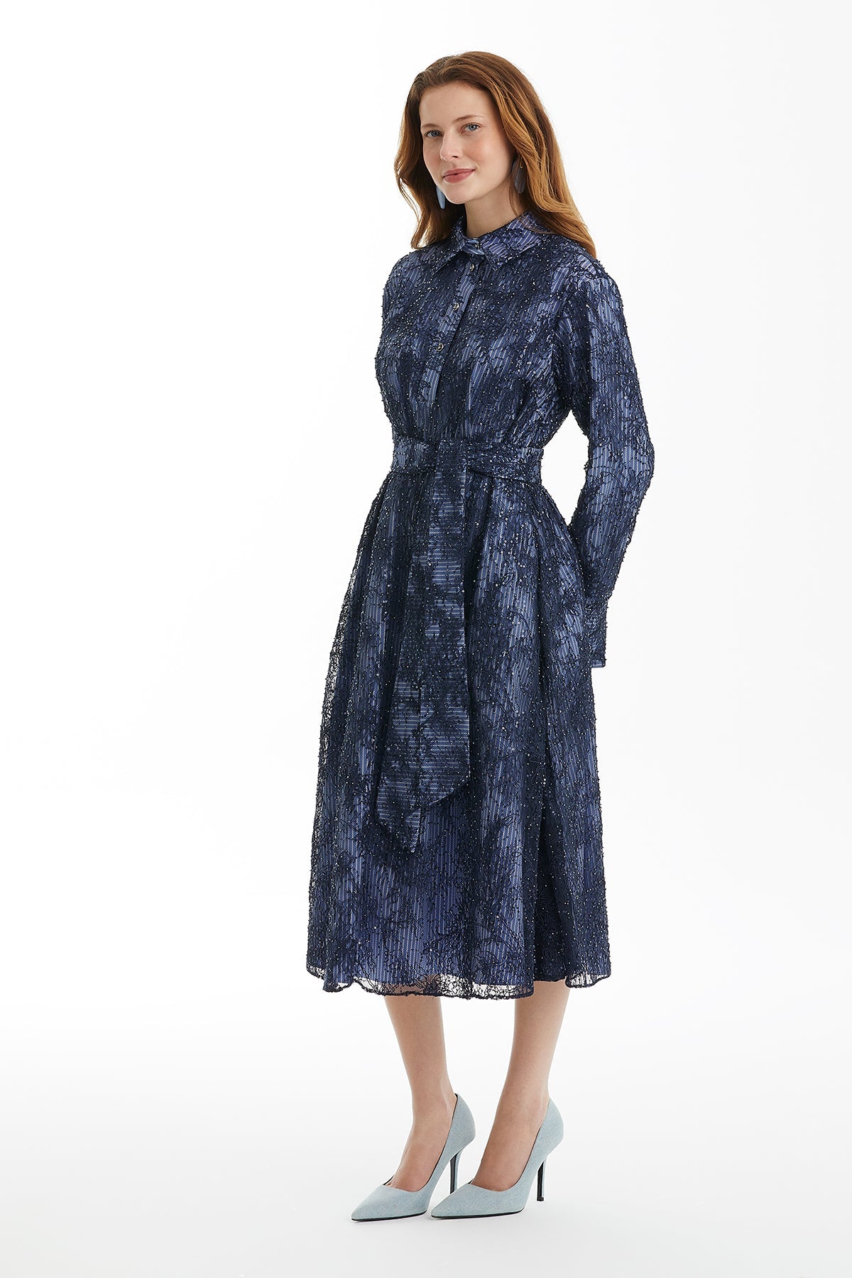 Dark Navy Double Layer Patterned Dress with Tie Belt