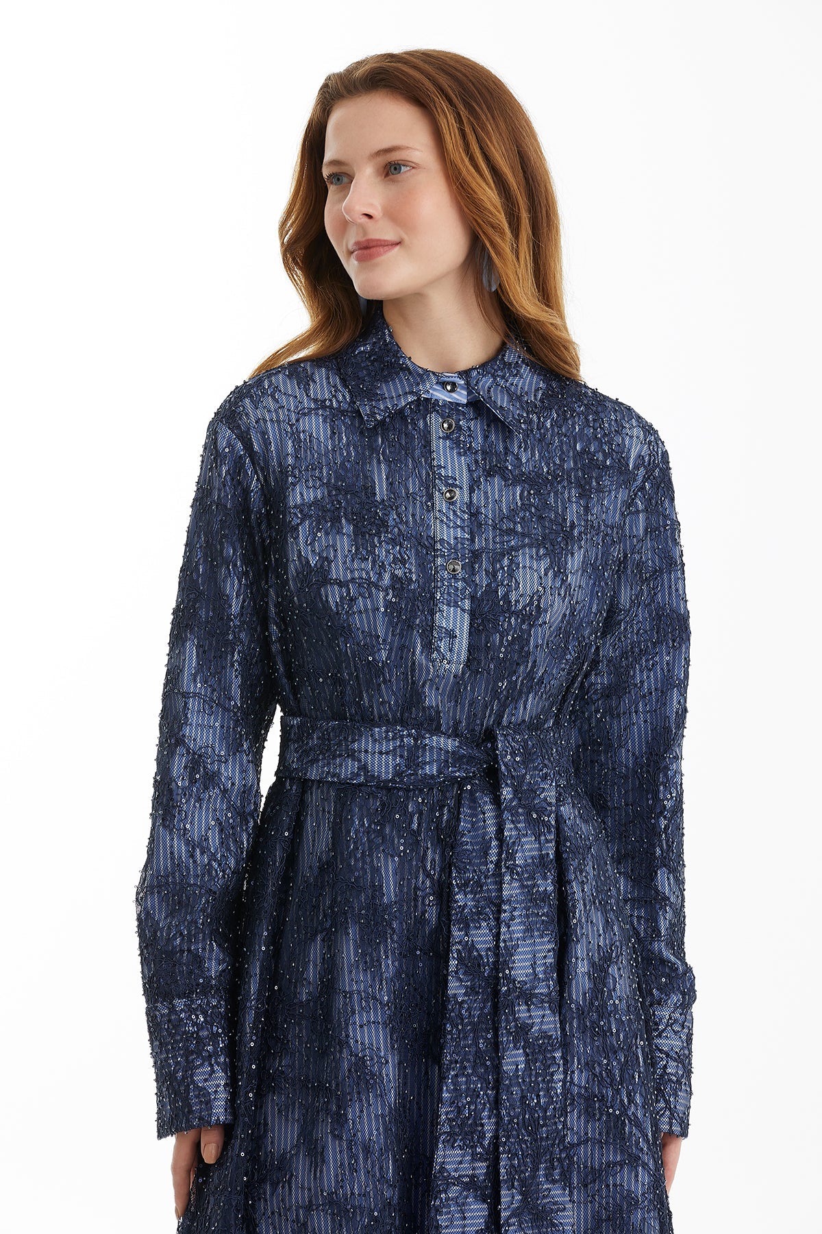 Dark Navy Double Layer Patterned Dress with Tie Belt
