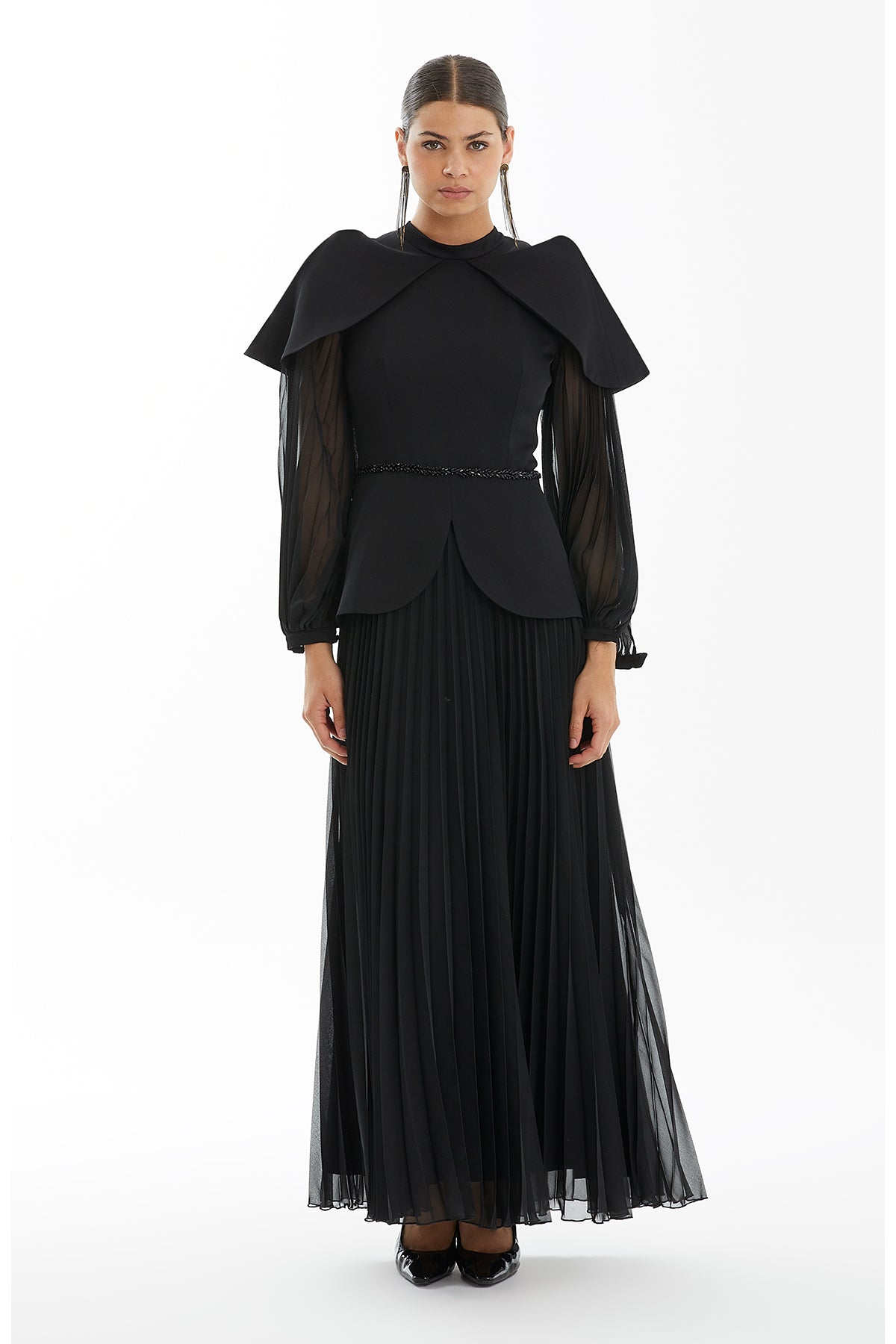 Black Embroidered Cape Sleeve Pleated Maxi Dress