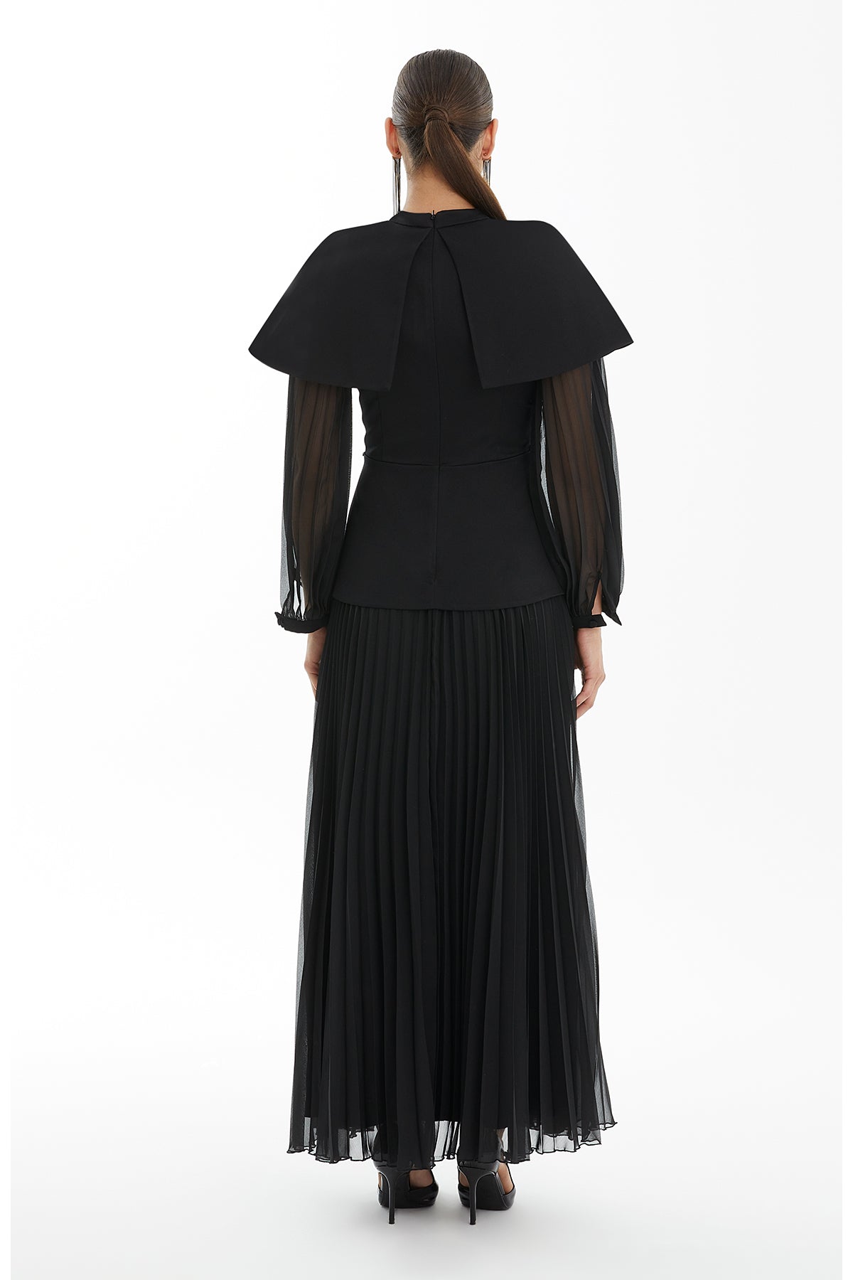 Black Embroidered Cape Sleeve Pleated Maxi Dress