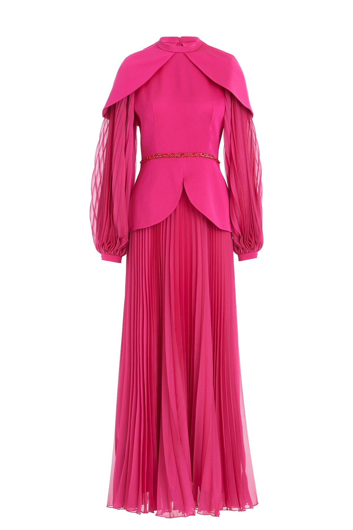Pink Embroidered Cape Sleeve Pleated Maxi Dress