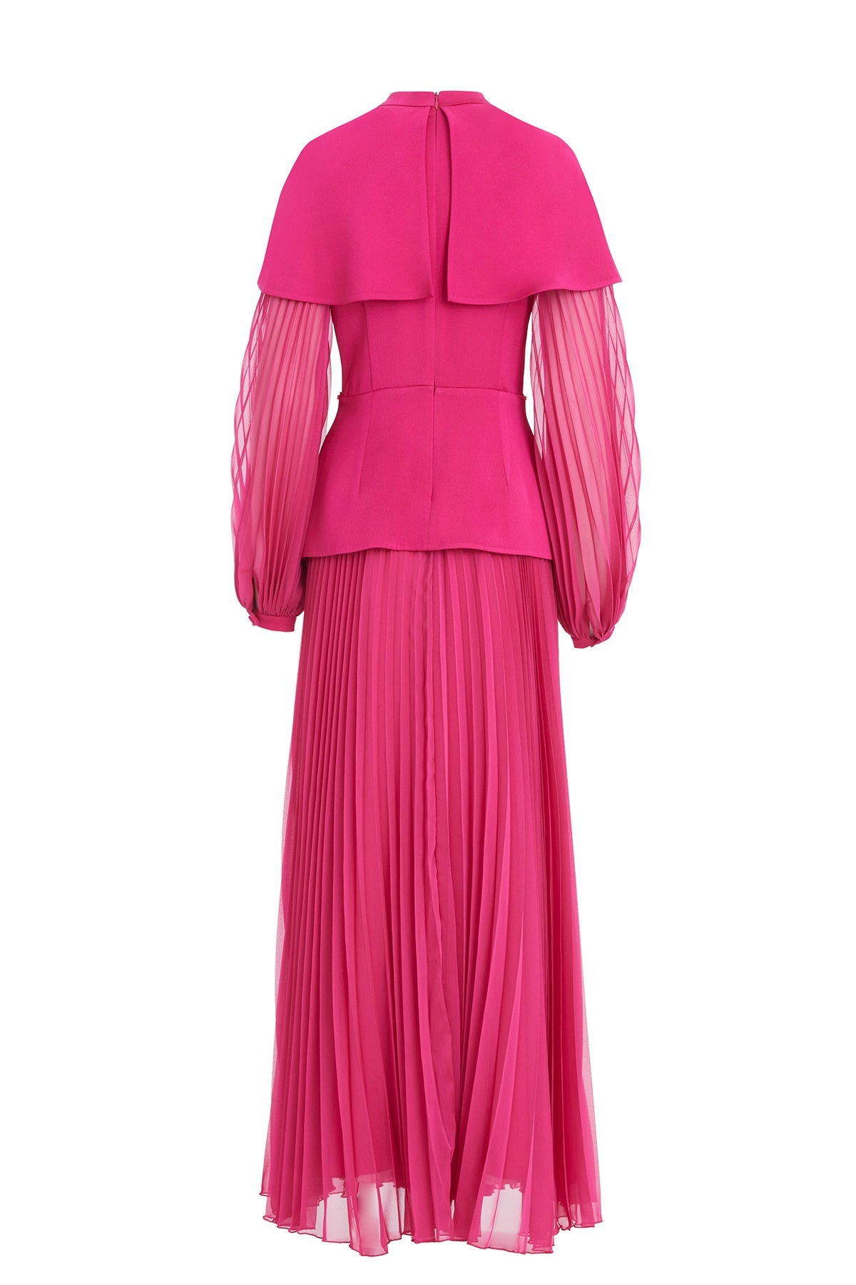 Pink Embroidered Cape Sleeve Pleated Maxi Dress