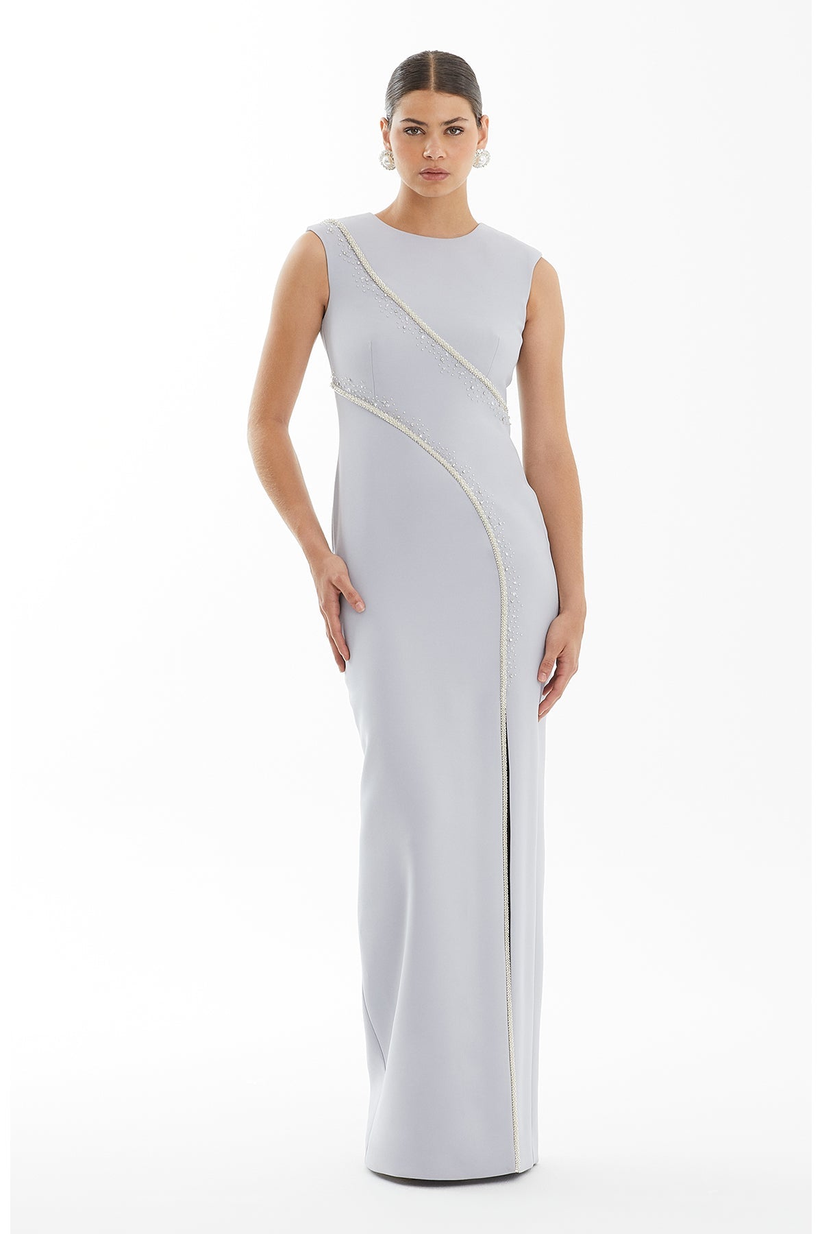 Blue Embroidered Slit Crepe Dress