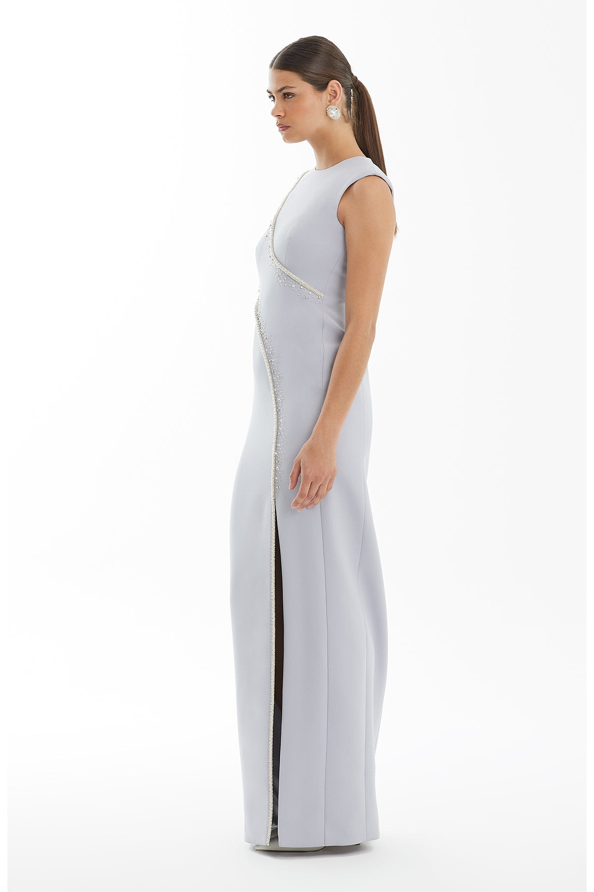 Blue Embroidered Slit Crepe Dress