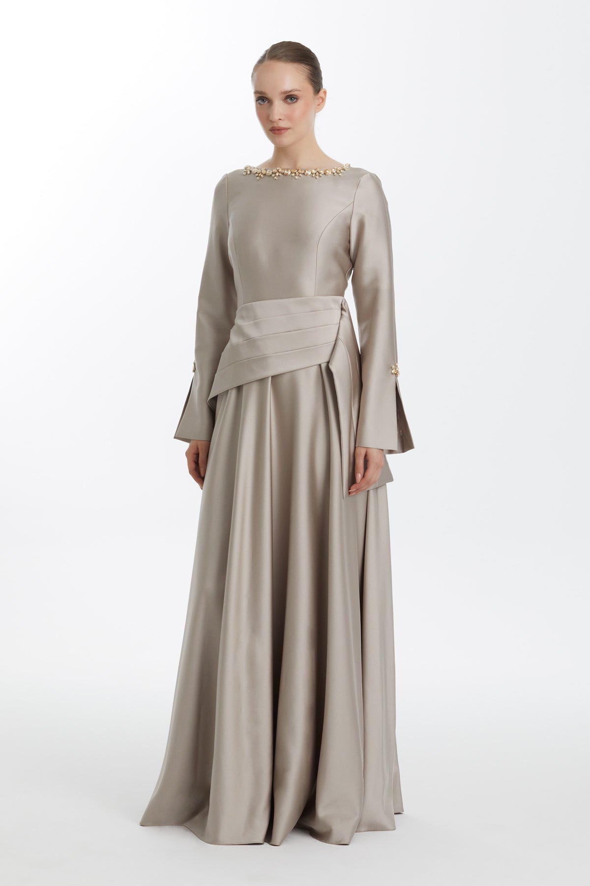 Beıge Stone-Embellished Draped Waist Dress
