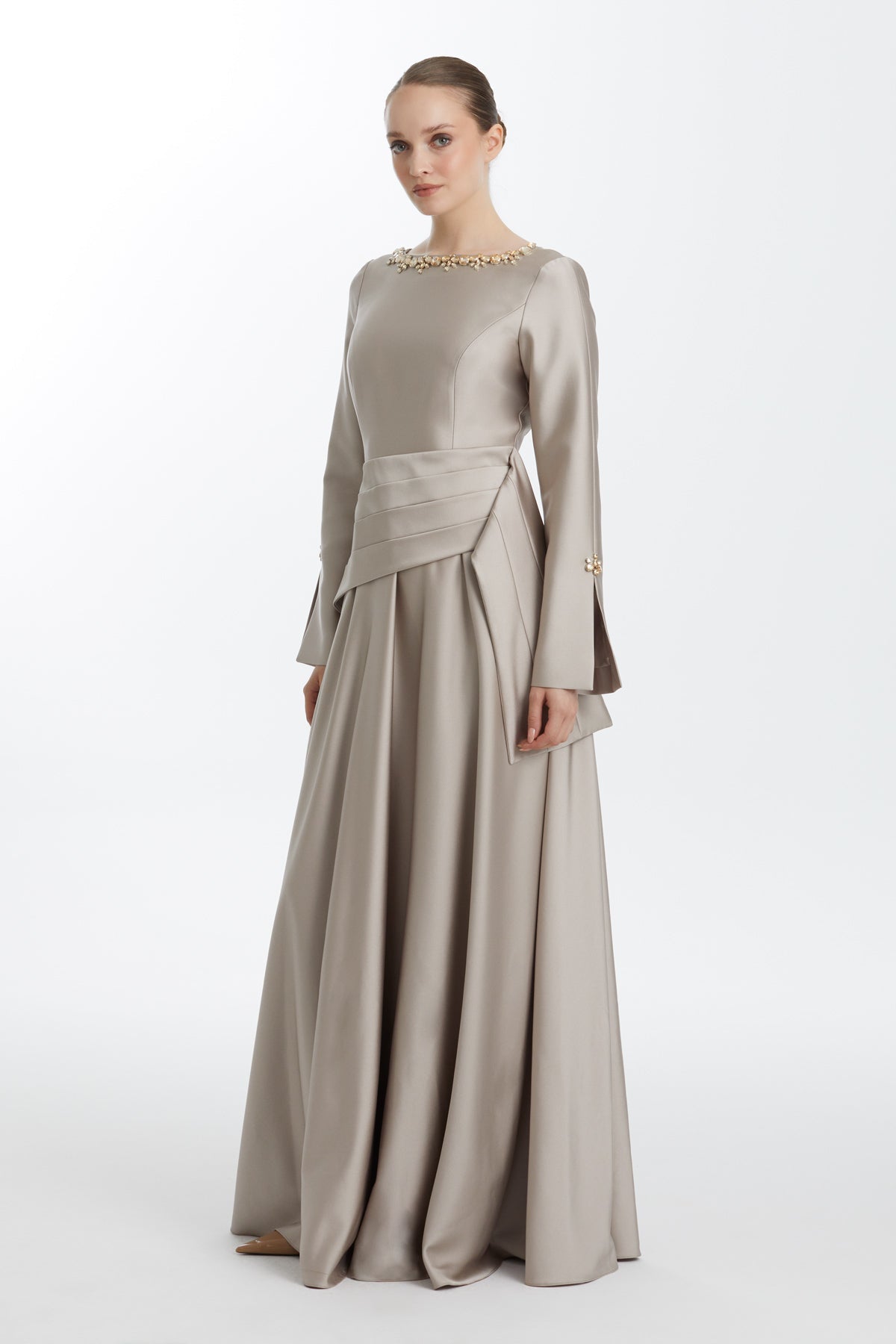 Beıge Stone-Embellished Draped Waist Dress