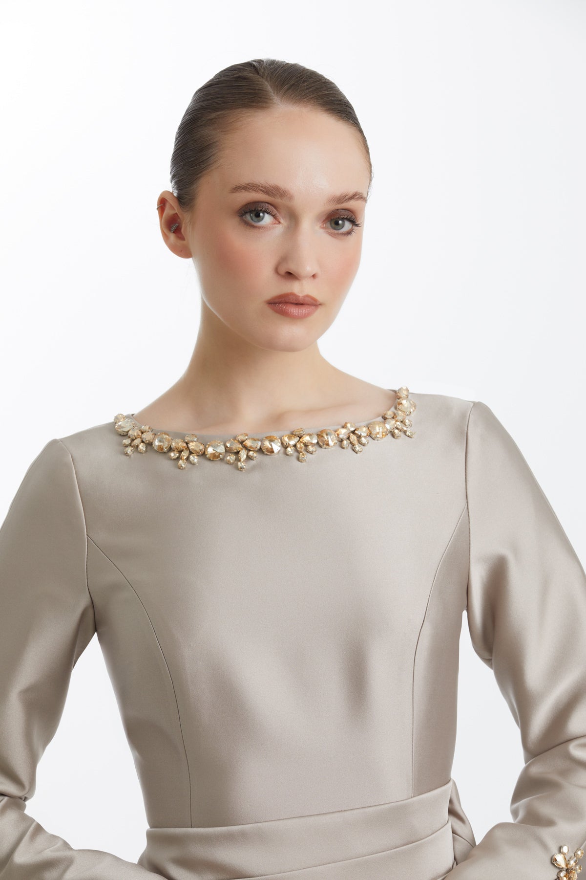 Beıge Stone-Embellished Draped Waist Dress