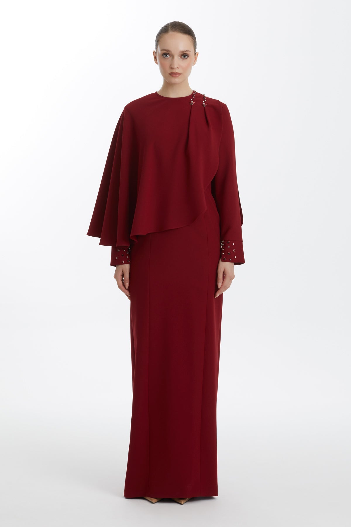 Red Cape Stone-Embellished Dress