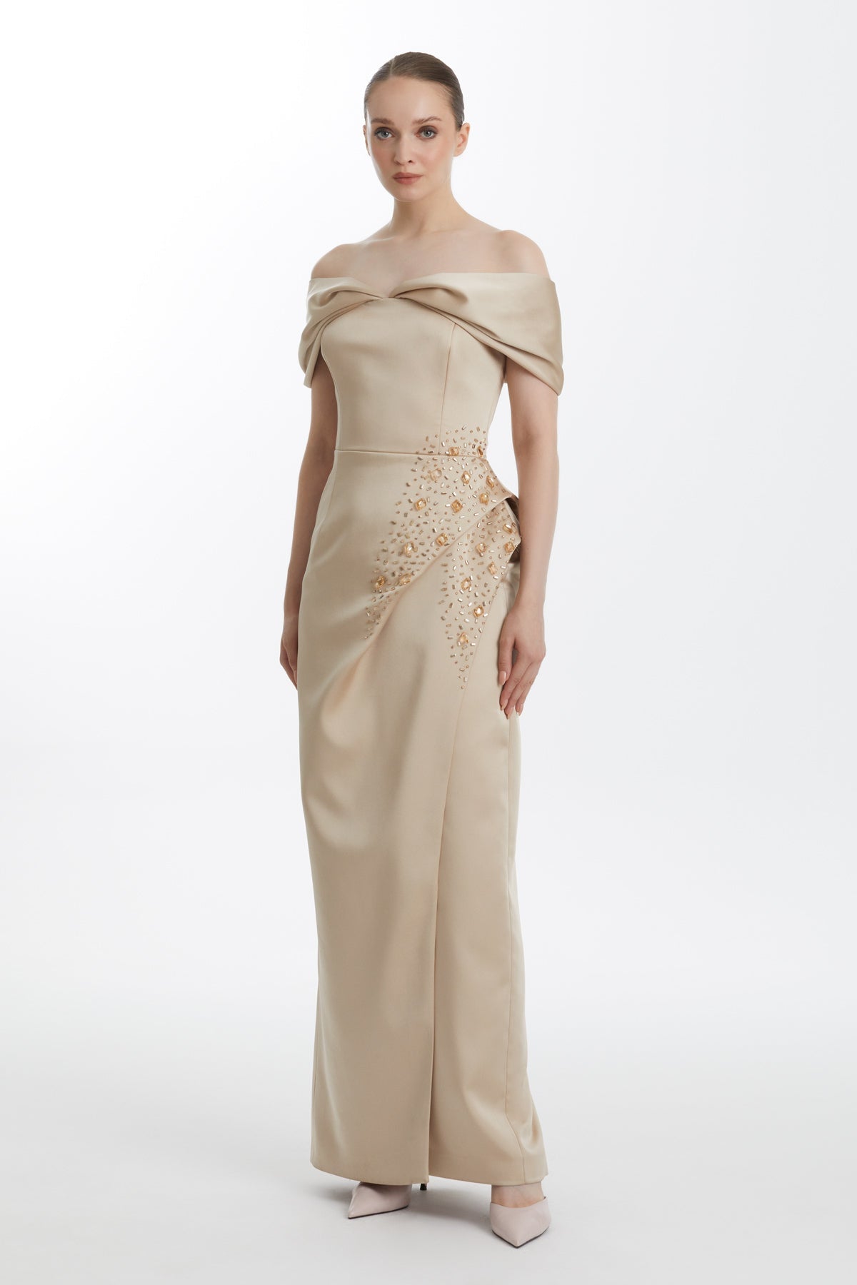 Beige Embroidered Dropped-Shoulder Asymmetric Evening Dress
