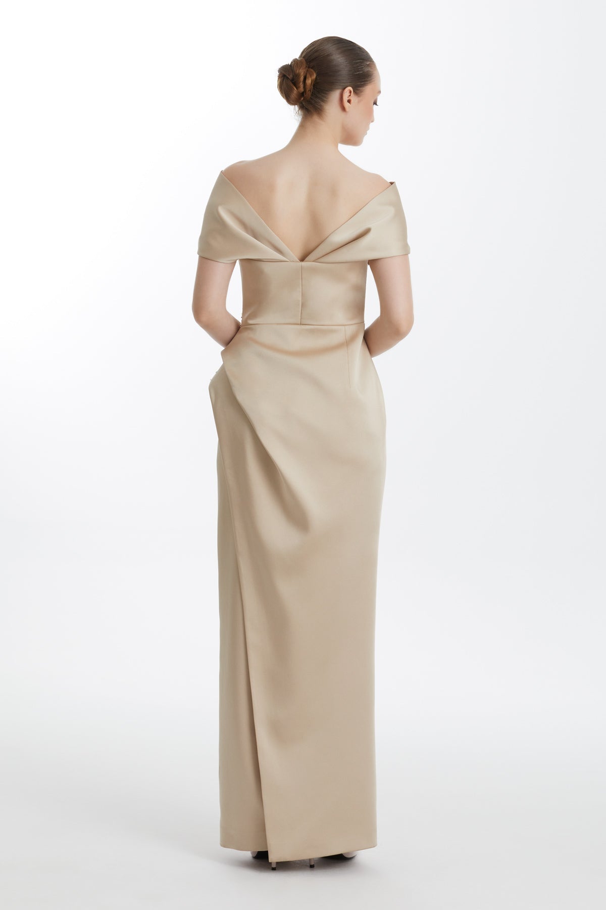 Beige Embroidered Dropped-Shoulder Asymmetric Evening Dress