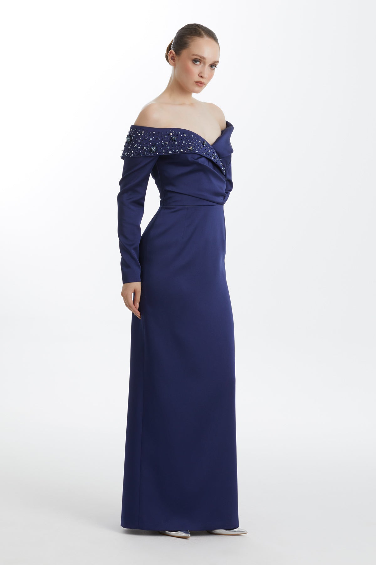 Dark Navy Embroidered Dropped-Shoulder Evening Dress