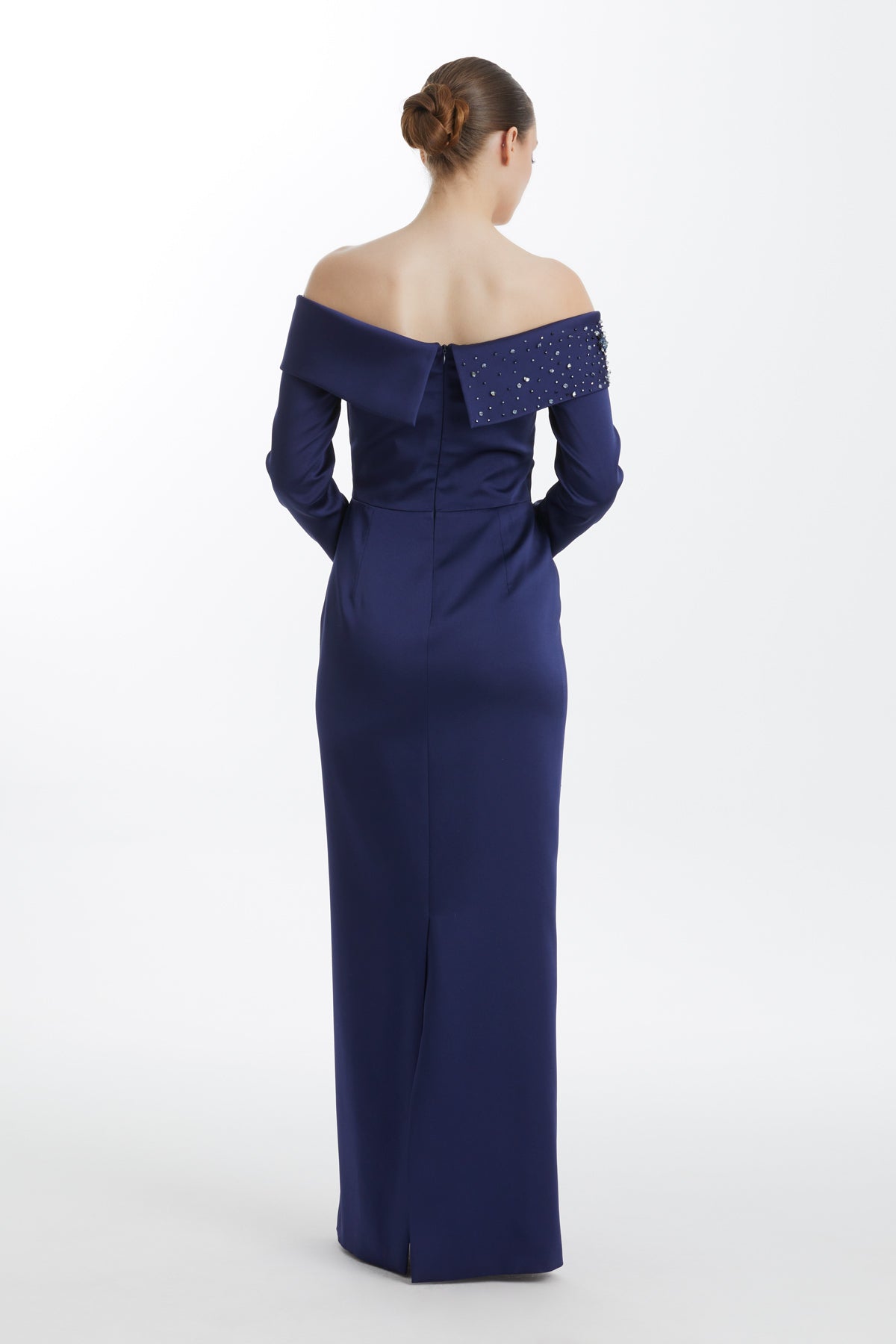 Dark Navy Embroidered Dropped-Shoulder Evening Dress