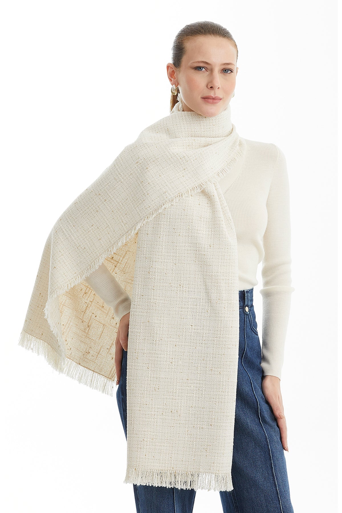 Ecru Fringed Woven Shawl with Lurex Detail
