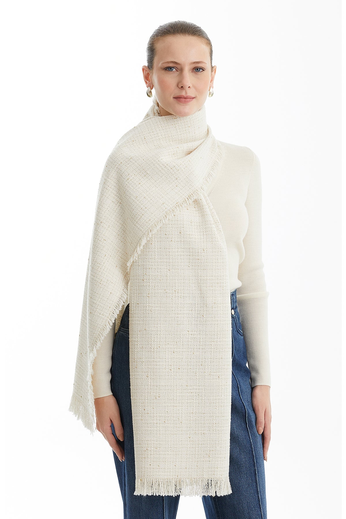 Ecru Fringed Woven Shawl with Lurex Detail