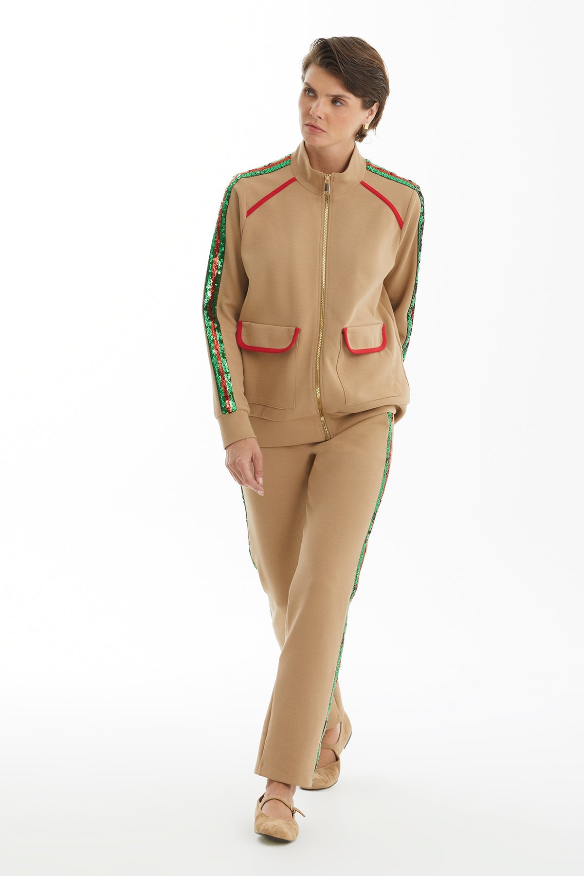 Beige Tracksuit with Trim and Piping Detail
