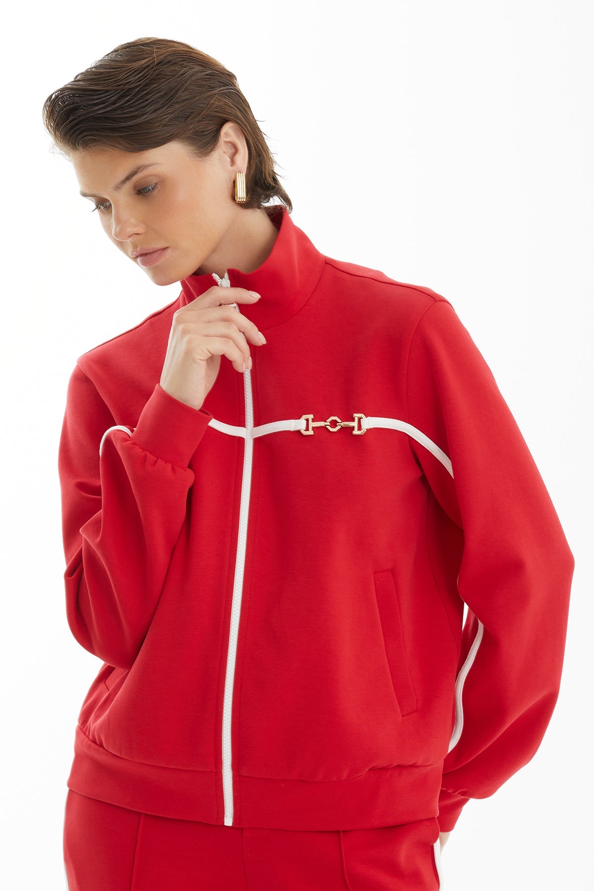 Red Tracksuit with Trim and Accessory Detail