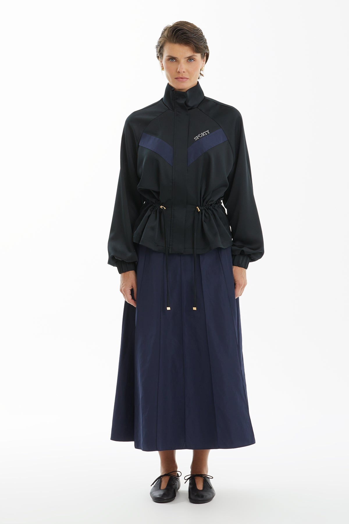 Black Drawstring Waist Jacket and Skirt Tracksuit Set