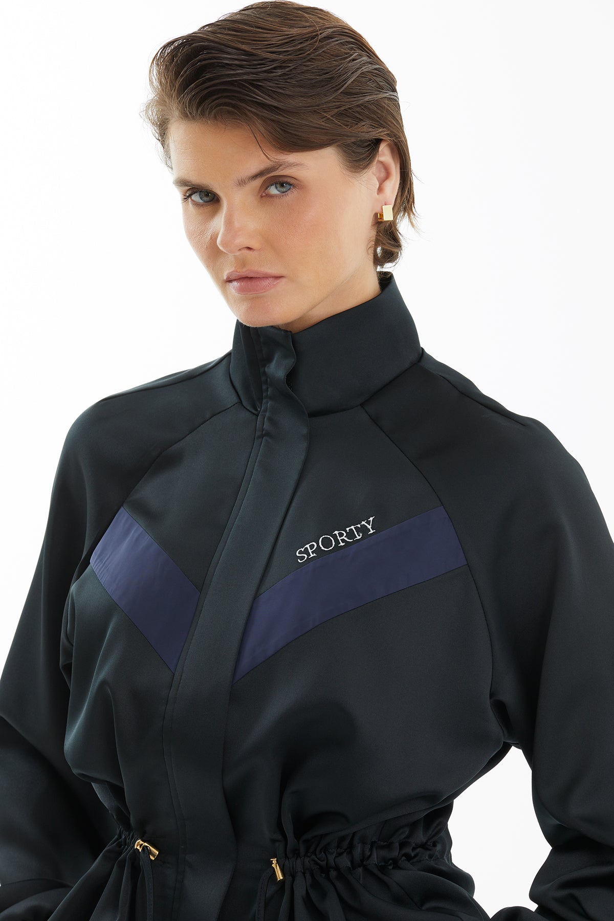 Black Drawstring Waist Jacket and Skirt Tracksuit Set