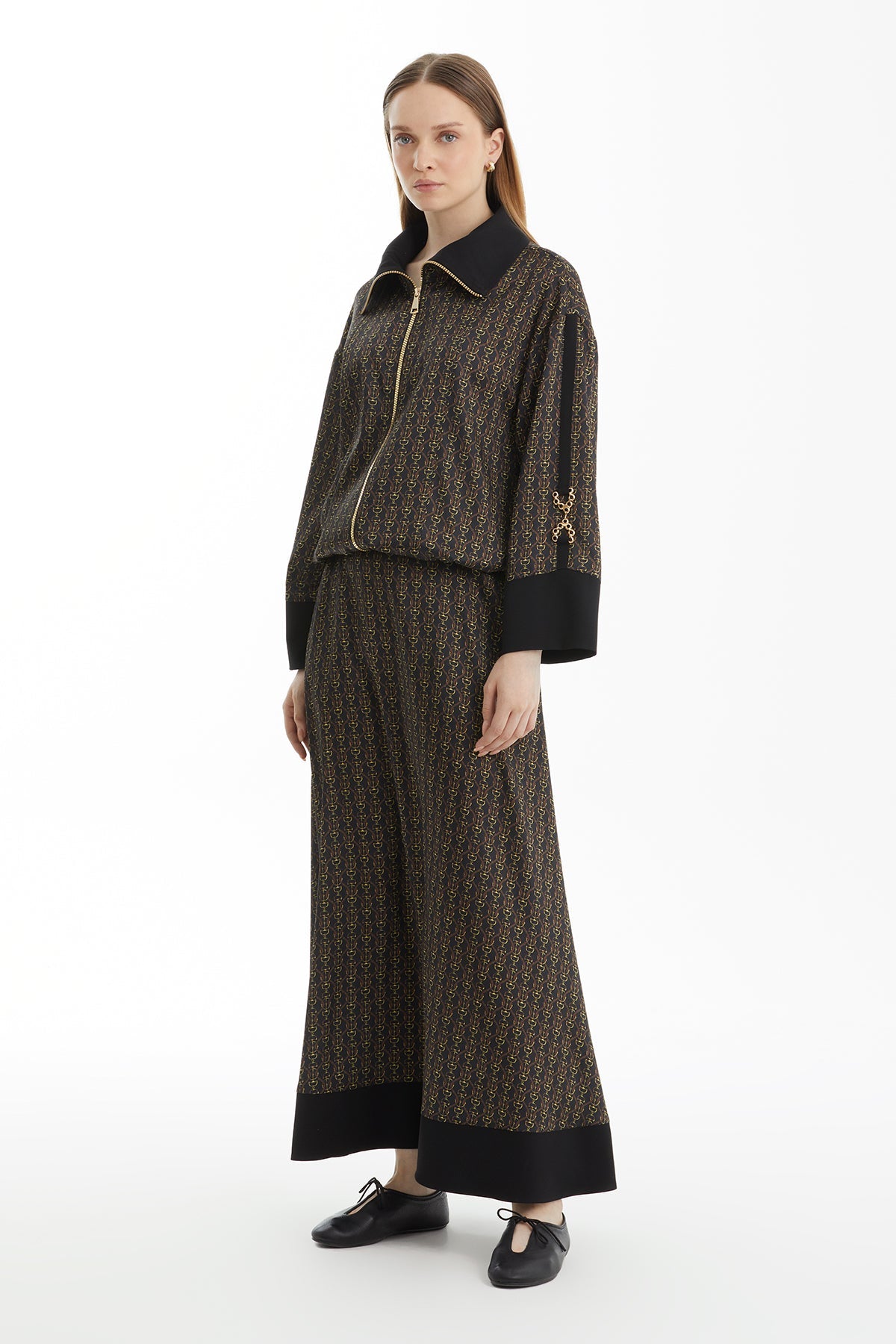 Black Patterned Skirt Set with Accessory Detail