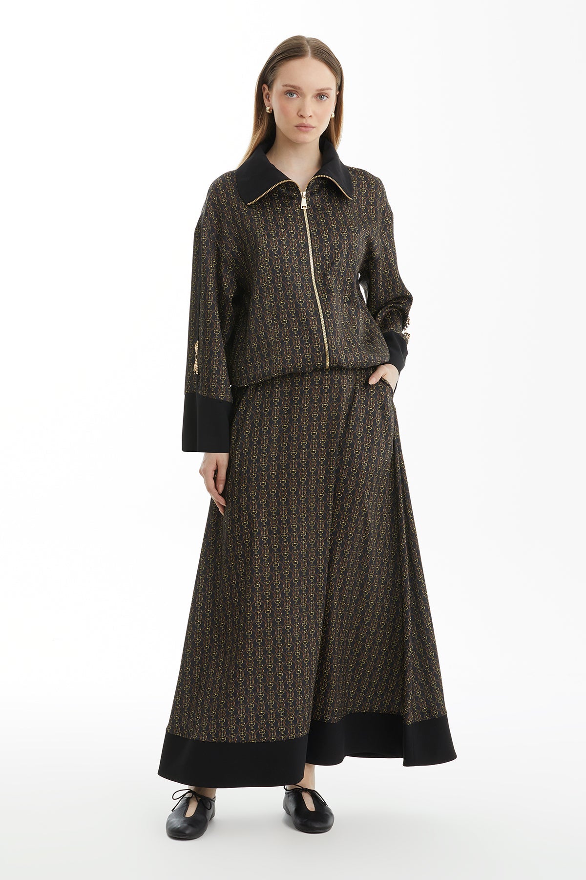 Black Patterned Skirt Set with Accessory Detail
