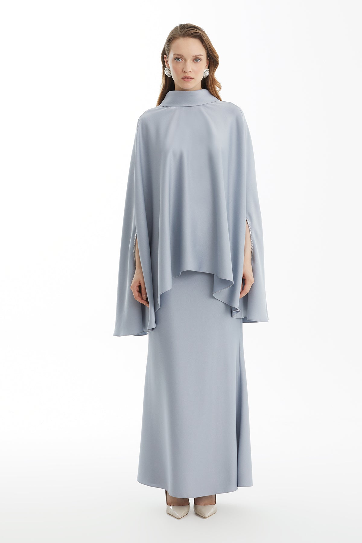 Grey Cape Sleeve Blouse and Skirt Set