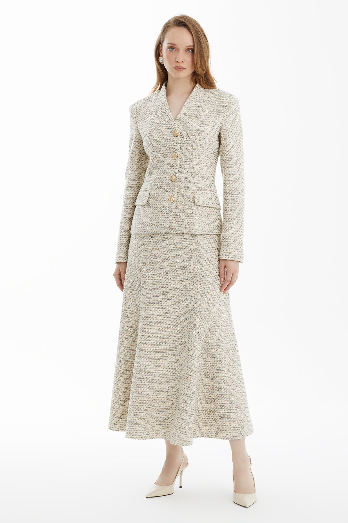 Ecru Tweed Textured Skirt Set