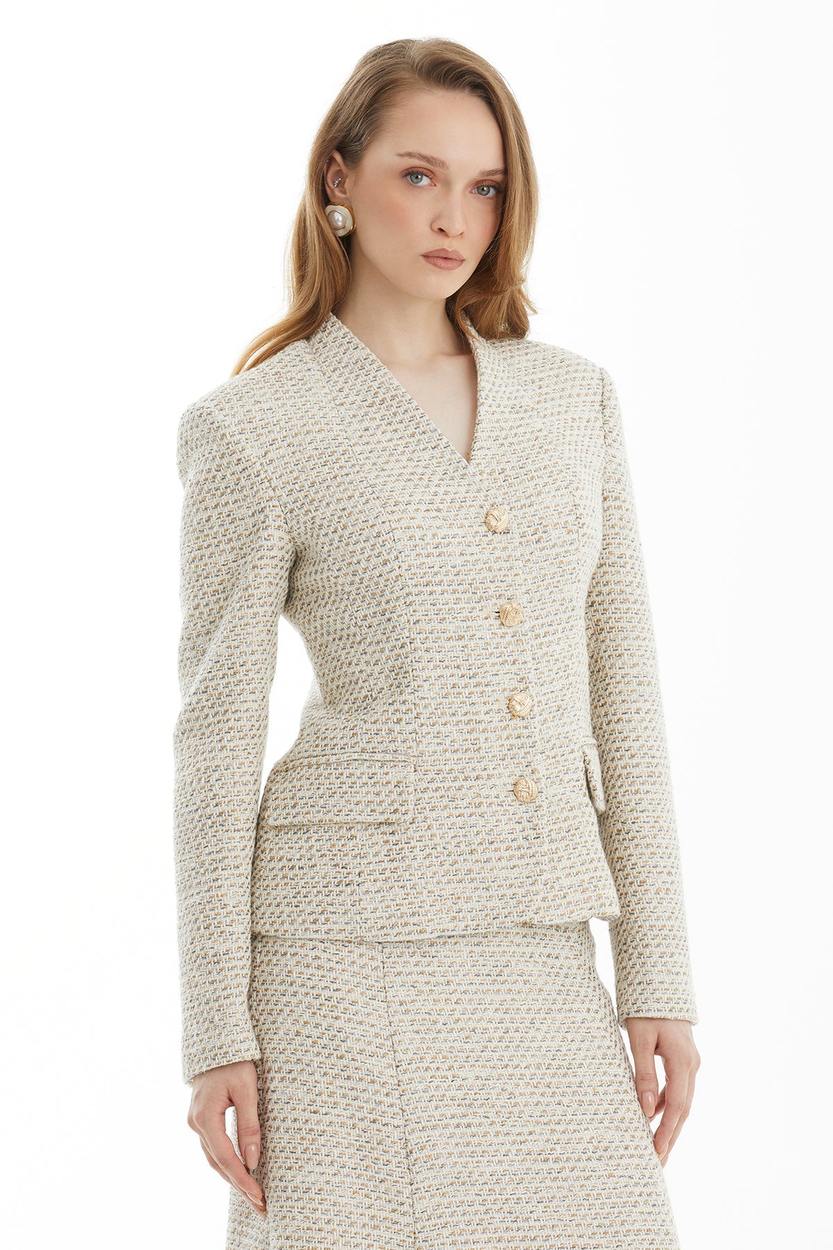 Ecru Tweed Textured Skirt Set