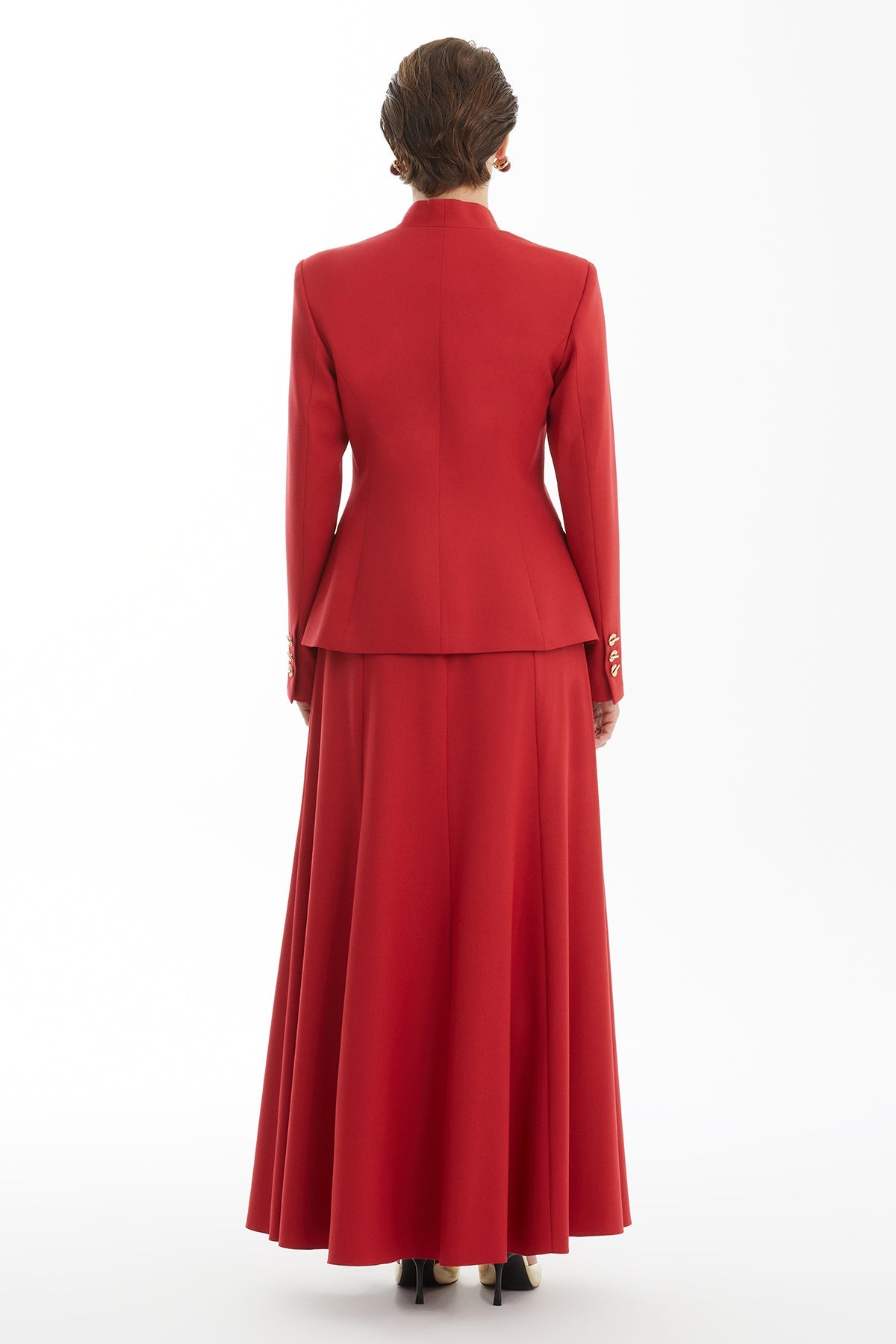 Red Skirt Set with Handkerchief Brooch Detail
