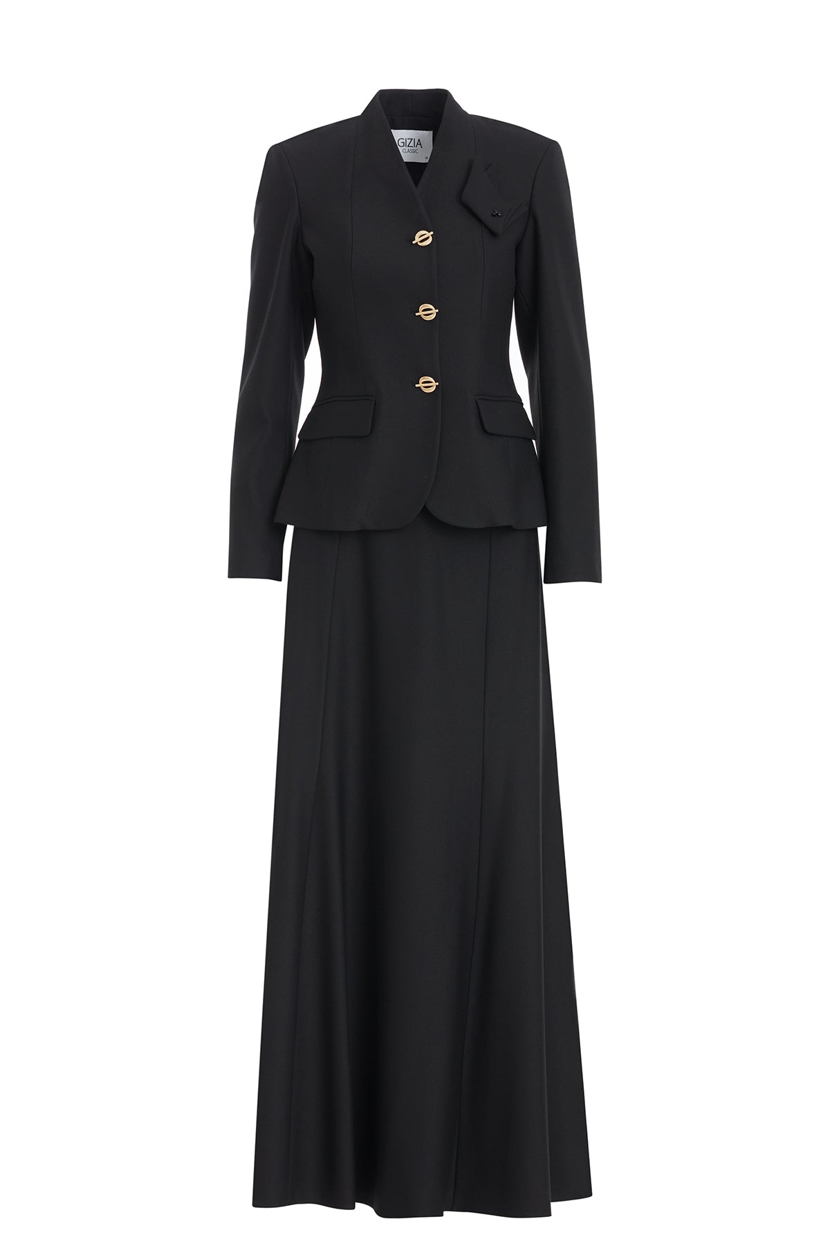 Black Skirt Set with Handkerchief Brooch Detail