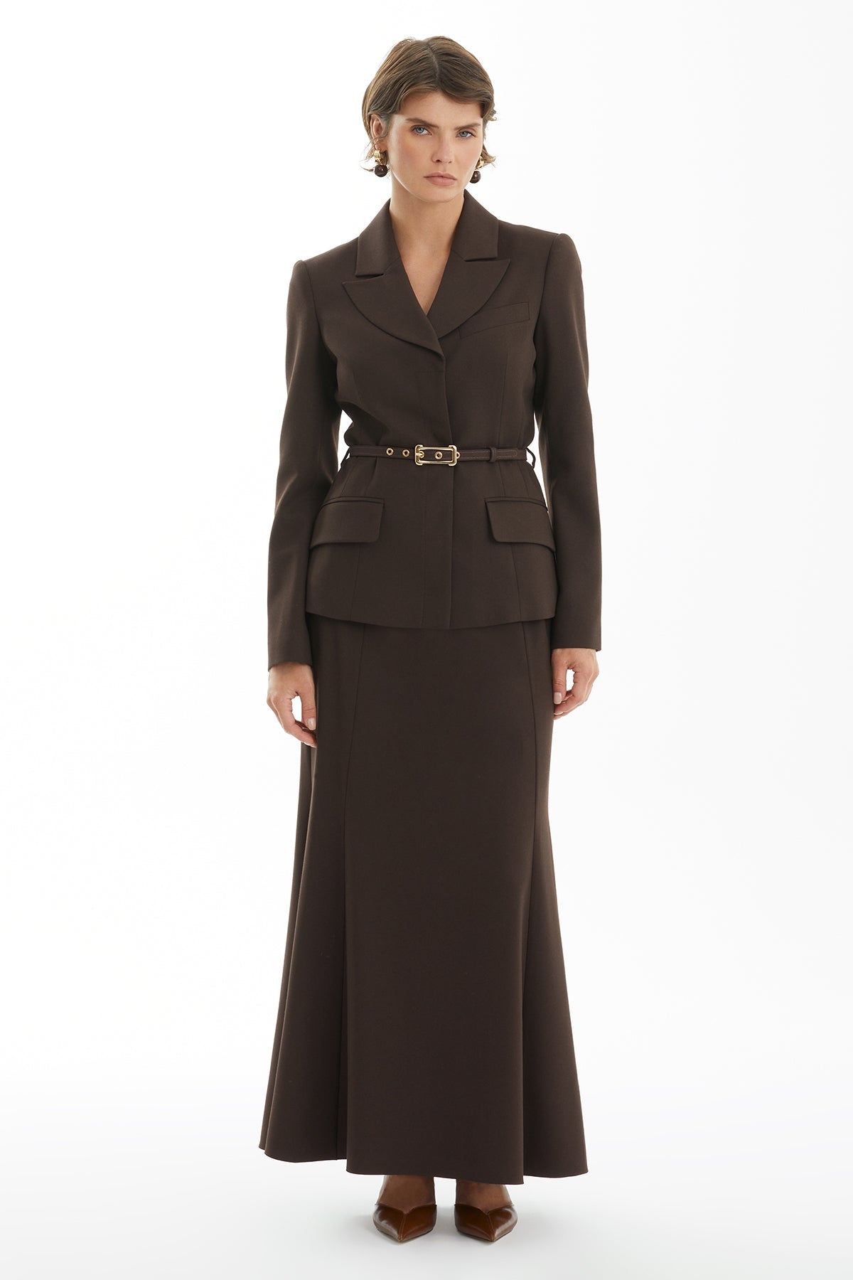 Brown Mermaid Skirt Set with Belt Detail