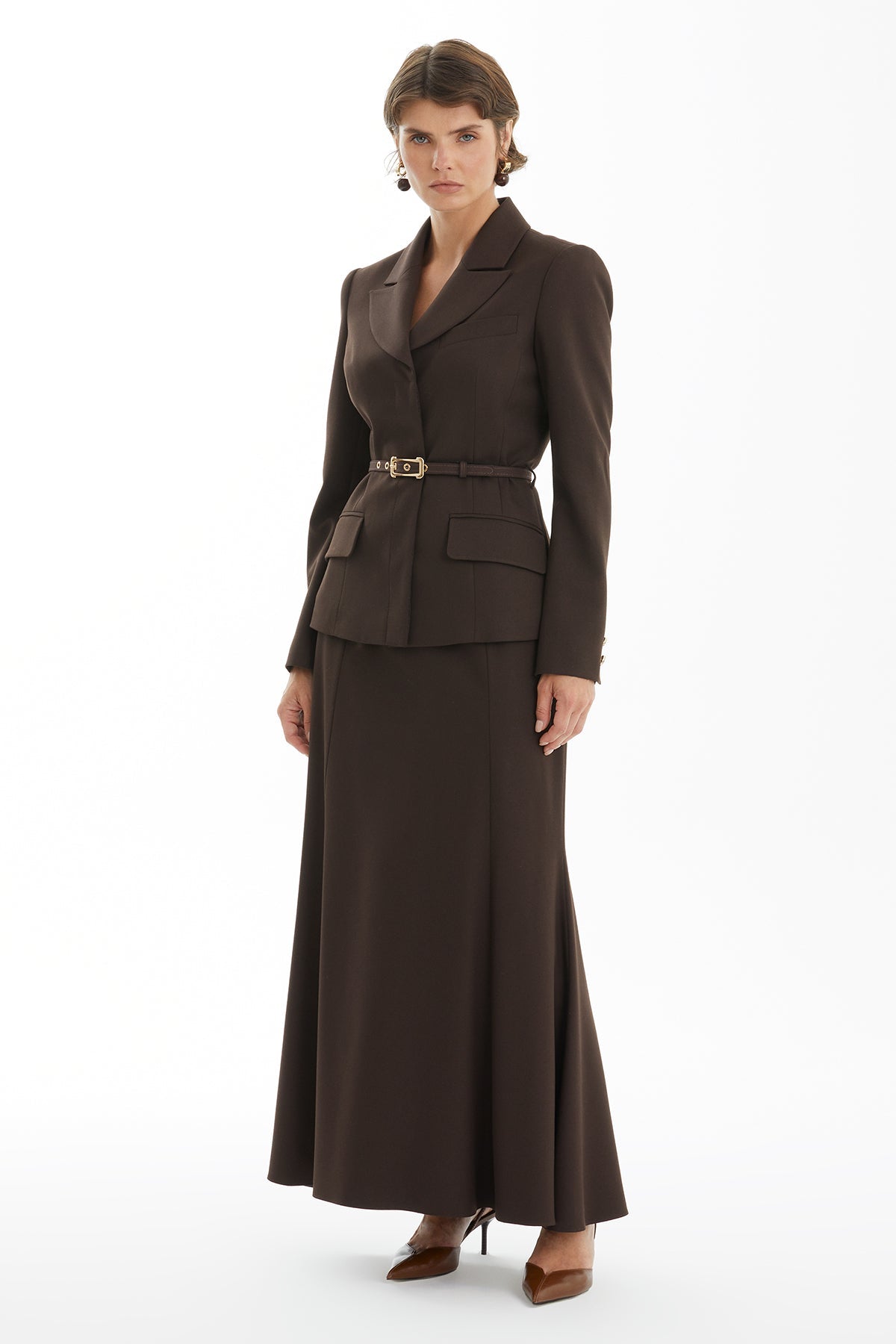 Brown Mermaid Skirt Set with Belt Detail