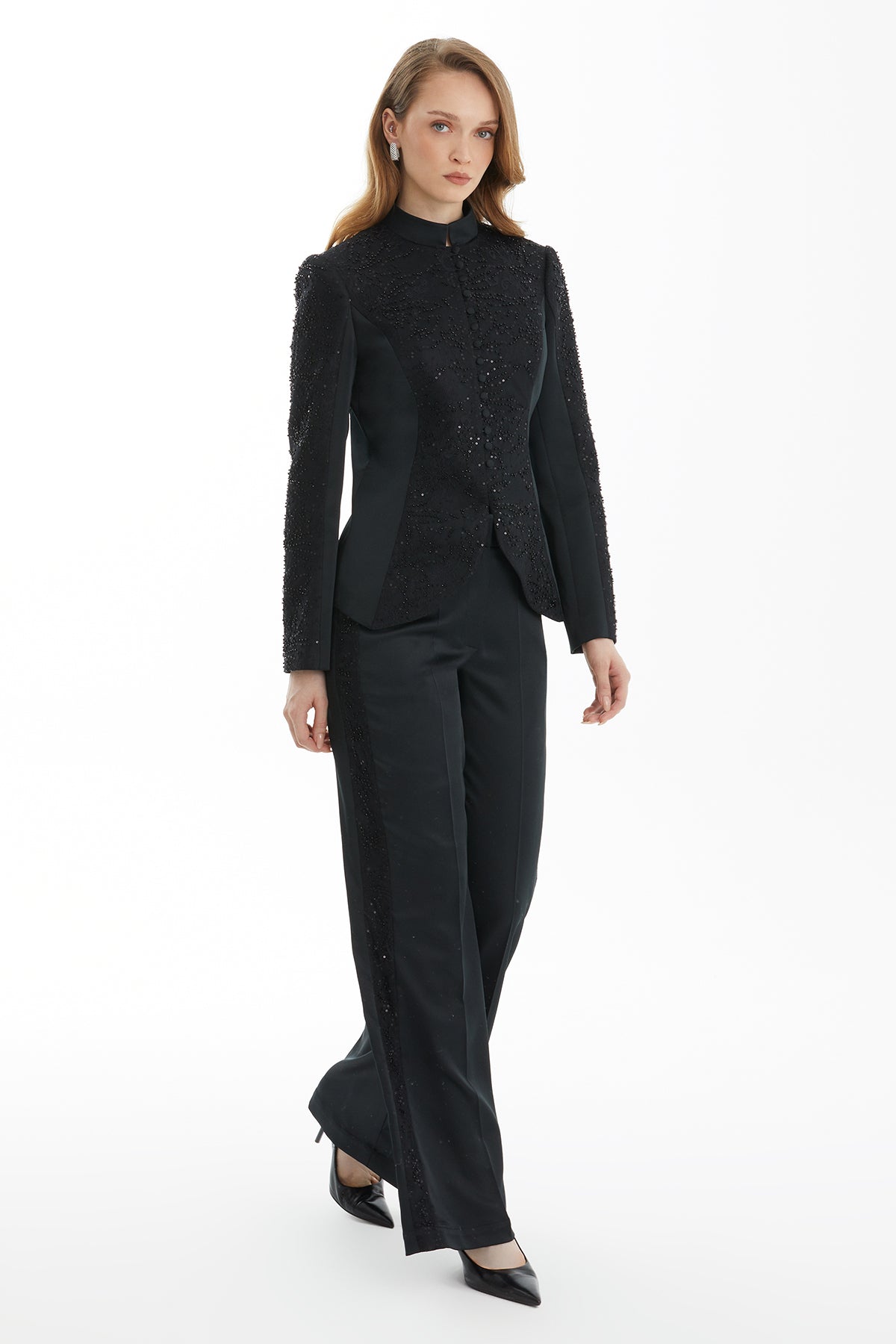 Black Lace Detail Jacket and Trouser Set