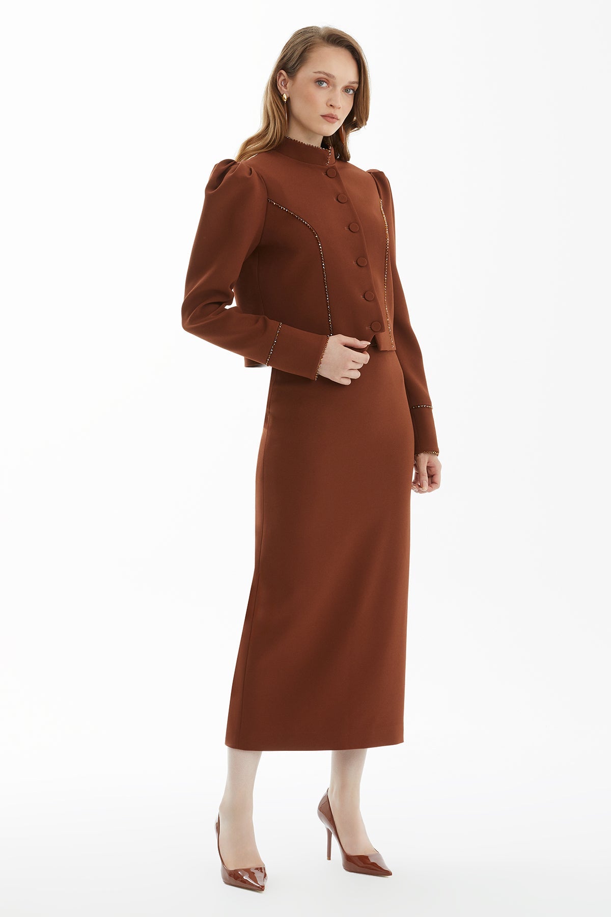 Brown Padded Shoulder Jacket and Skirt Set