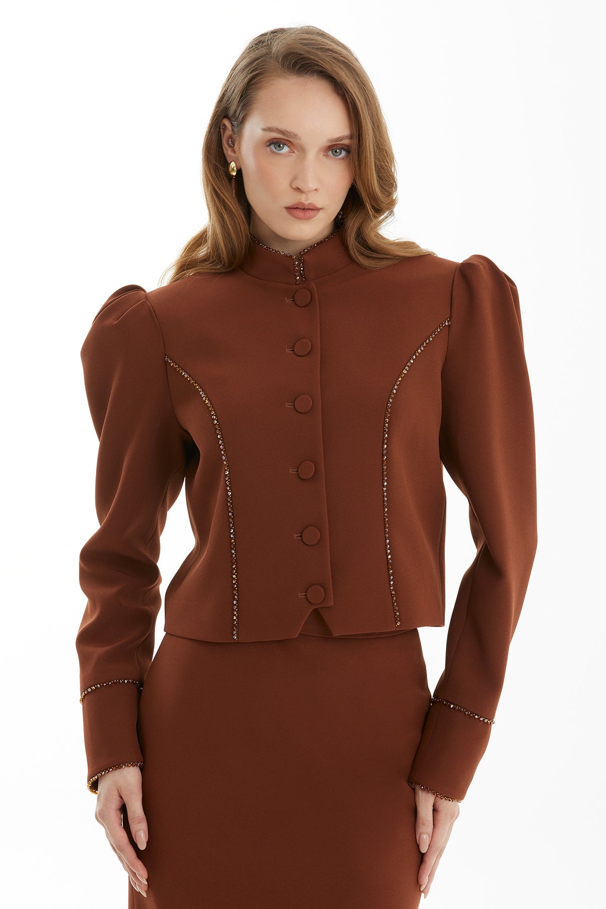 Brown Padded Shoulder Jacket and Skirt Set