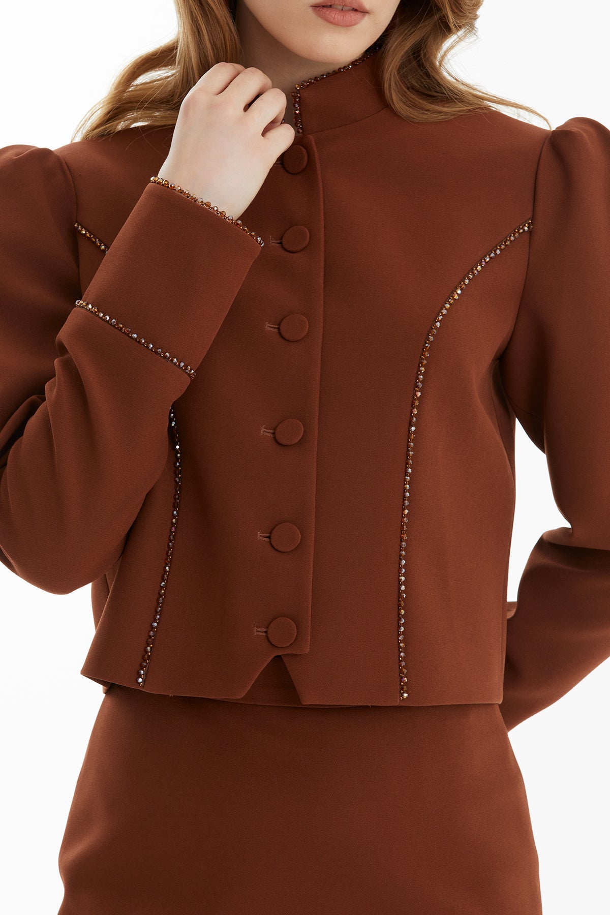 Brown Padded Shoulder Jacket and Skirt Set