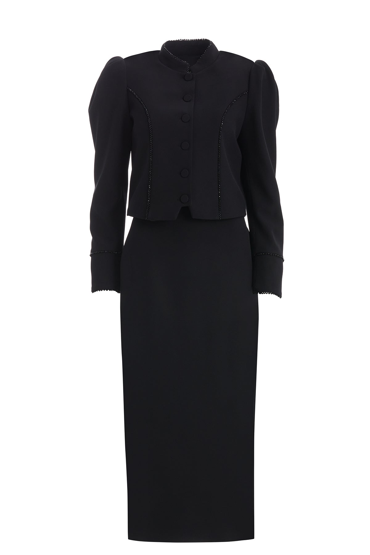 Black Padded Shoulder Jacket and Skirt Set