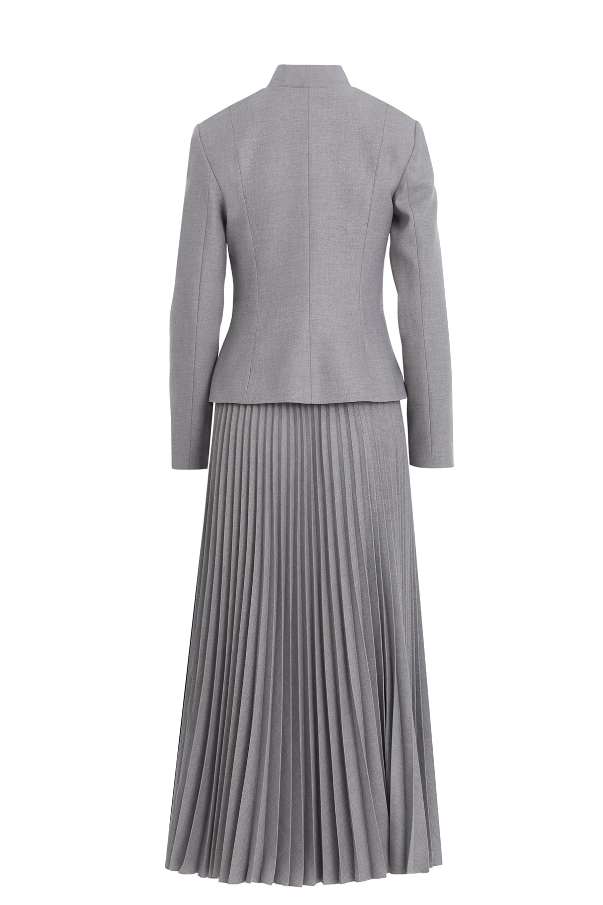 Grey Band Collar Jacket and Pleated Skirt Set