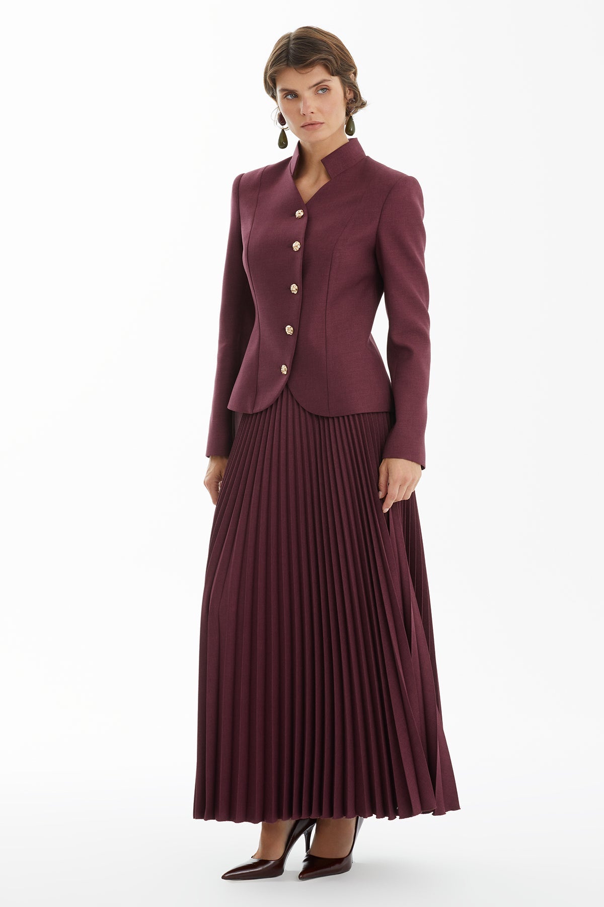 Purple Band Collar Jacket and Pleated Skirt Set