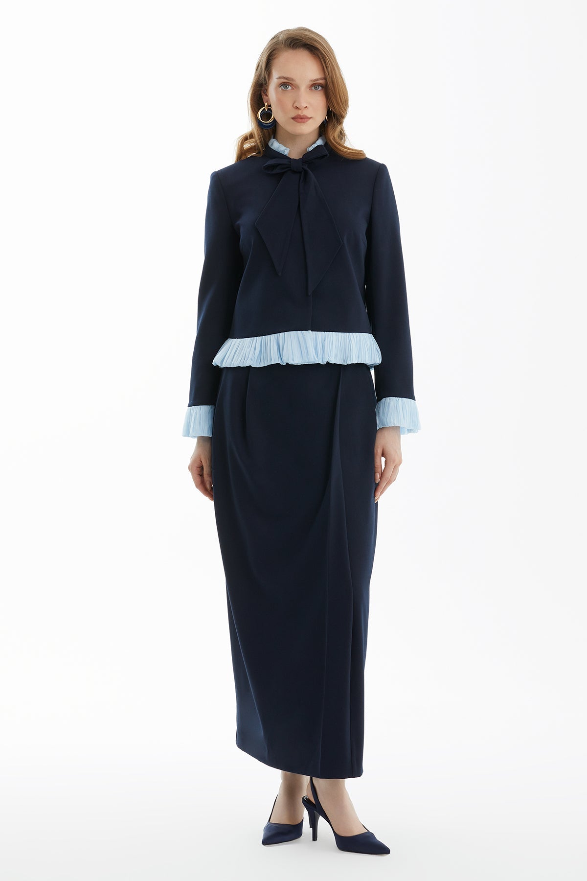 Blue Tie Detail Jacket and Skirt Set